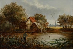 Albert Dunnington (1860-1941) - Framed Oil, Fishing by a Cottage