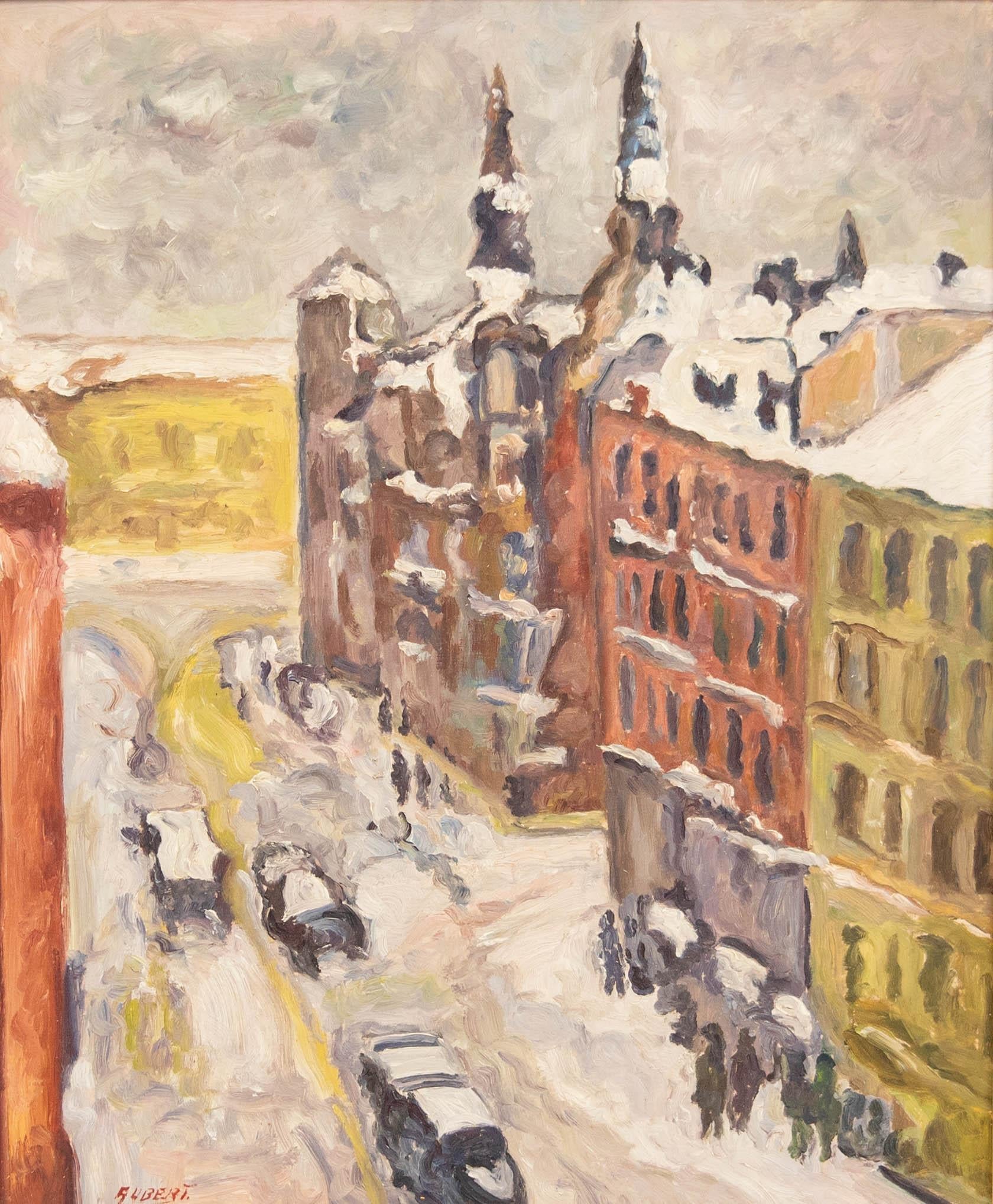 Albert - Olio della metà del XX secolo incorniciato, Città innevata - Painting di Unknown