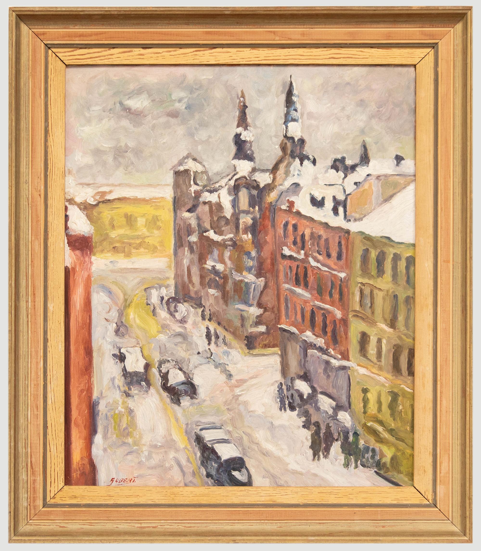Landscape Painting di Unknown - Albert - Olio della metà del XX secolo incorniciato, Città innevata
