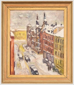 Albert - Óleo enmarcado de mediados del siglo XX, Ciudad nevada