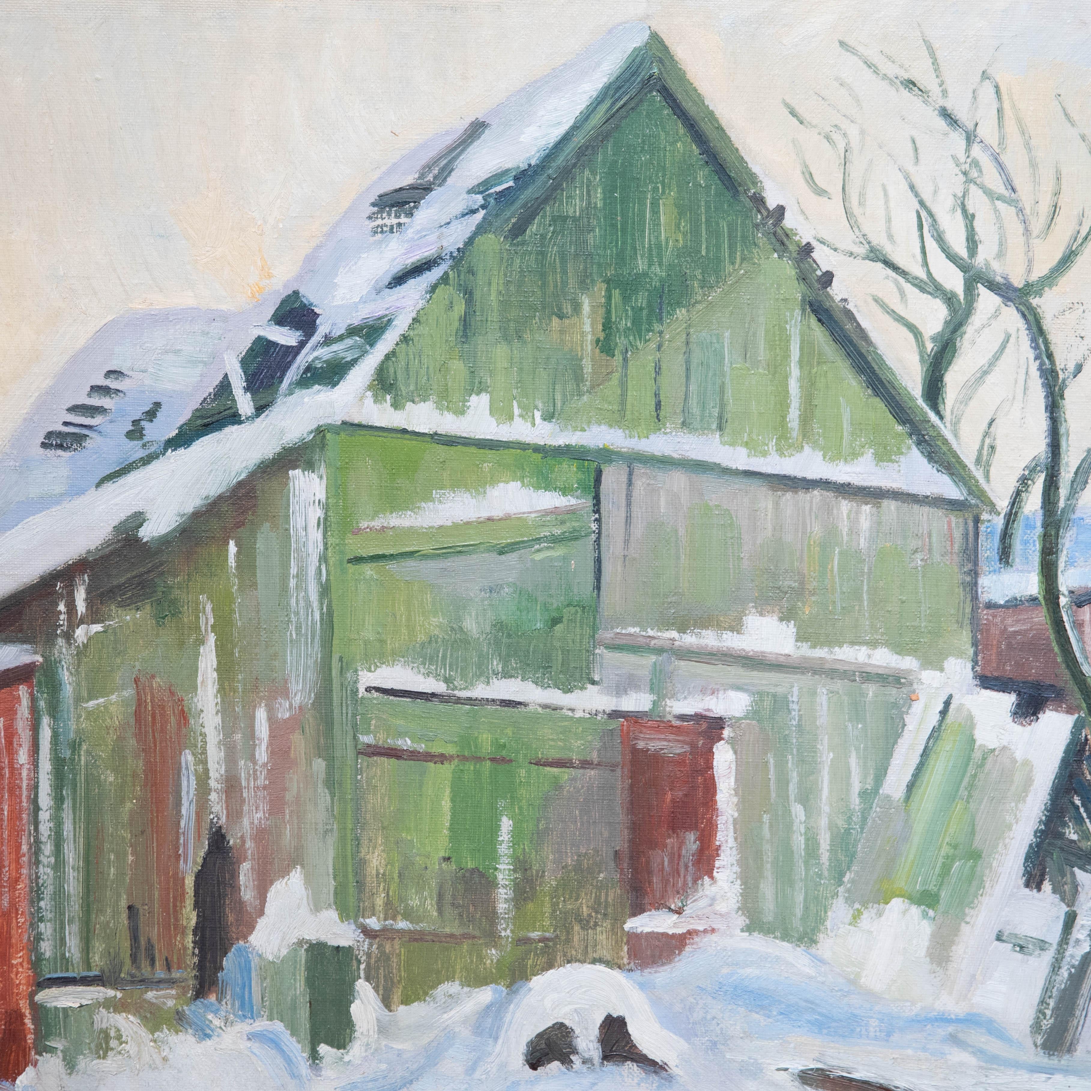 Albert Kruger (1885-1965). Originelle Winterlandschaft. Präsentiert in einem ergänzenden Holzrahmen. Signiert unten links. Auf der Rückseite bezeichnet, signiert und datiert (1940). Auf Leinwand auf Karton aufgezogen. 