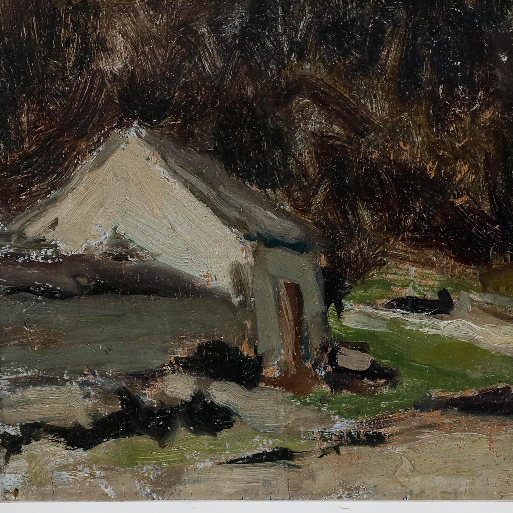 This expressive landscape painting by Albert Mascaux (1900-1963) captures a rural scene with rustic farmhouses nestled amongst skeletal trees. The muted earth tones and loose brushwork create a soft, atmospheric quality. Signed to the lower right.