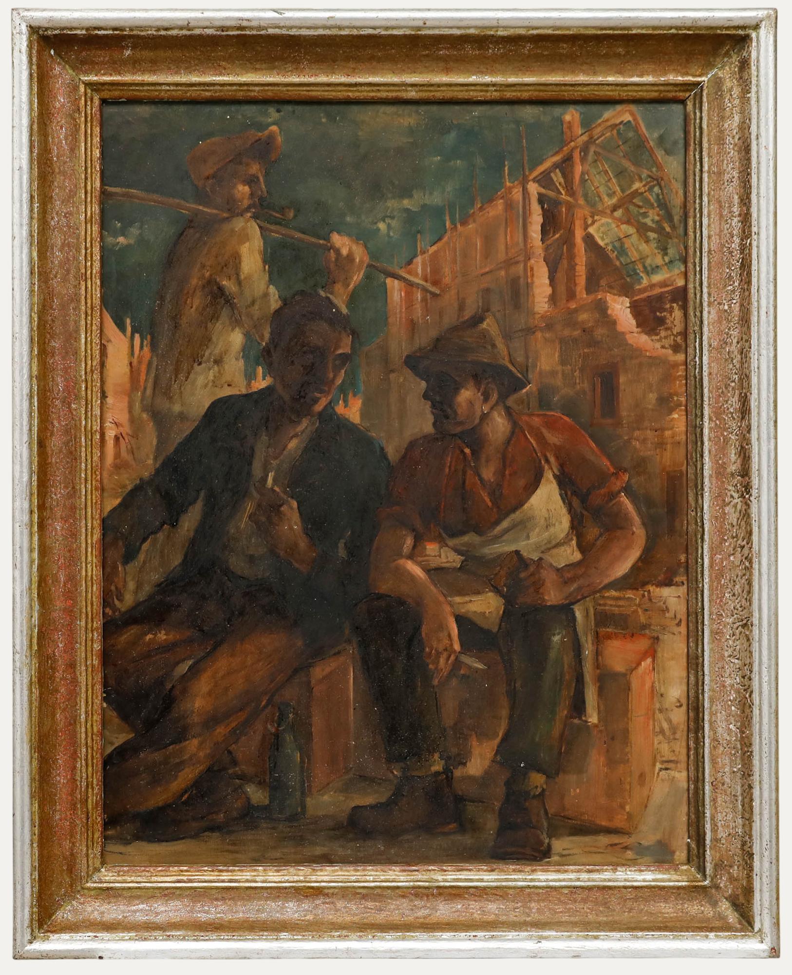 Figurative Painting de Unknown - Albert Matzdorf  (1912-1992) - 1944 Petróleo, Trabajadores en descanso