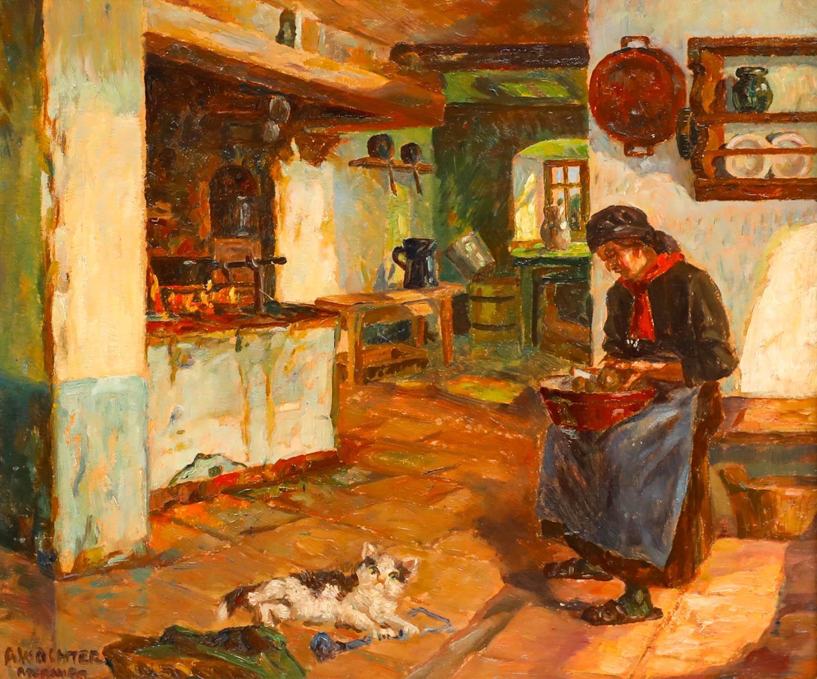 Albert Wachter - Début du 20e siècle Huile, Près du poêle - Painting de Unknown