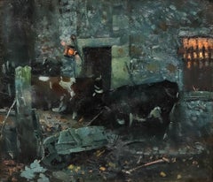 Albert Woods (1871-1944) - Early 20th Century Oil, Cattle by a Moonlit Farmstead