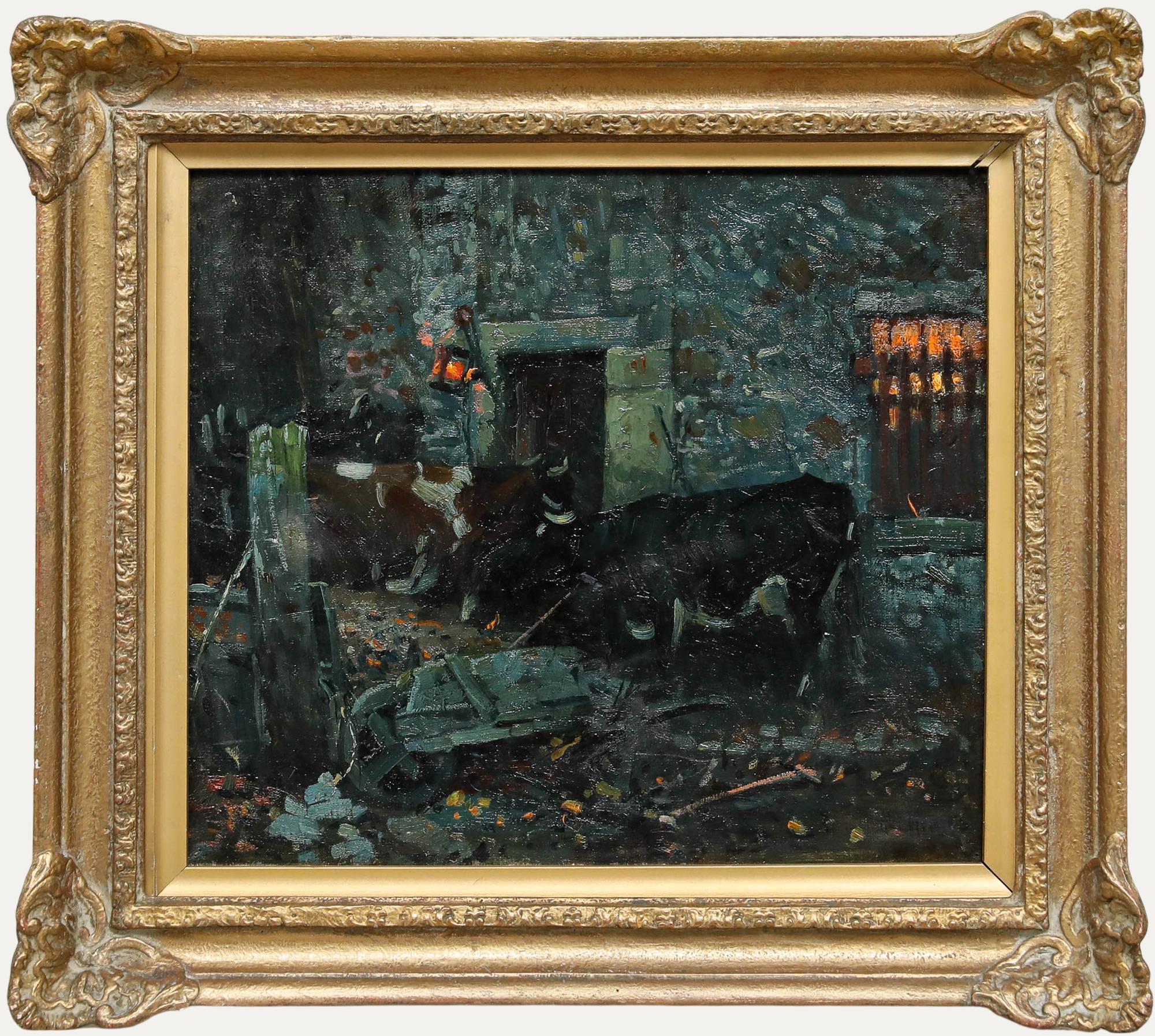 Unknown Animal Painting - Albert Woods (1871-1944) - Early 20th Century Oil, Cattle by a Moonlit Farmstead