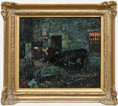 Albert Woods (1871-1944) - Early 20th Century Oil, Cattle by a Moonlit Farmstead