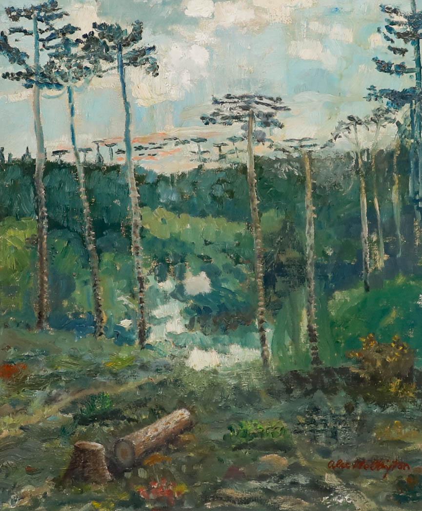 Alex Wellington, huile du milieu du 20e siècle encadrée, paysage forestier - Painting de Unknown