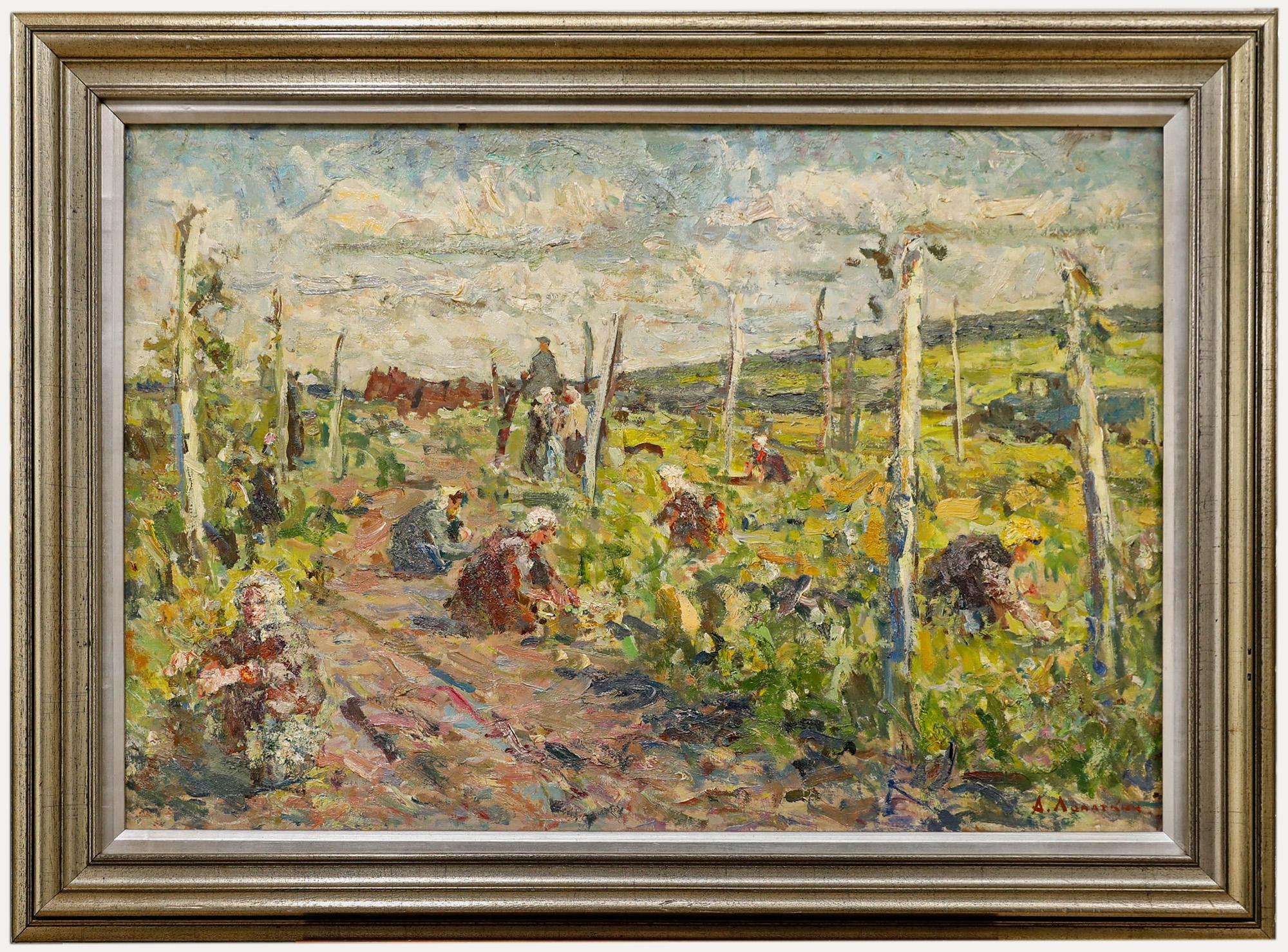 Landscape Painting di Unknown - Alexander Field Lopadkin (1922-1996) - Petrolio 1994, Lavorare i campi