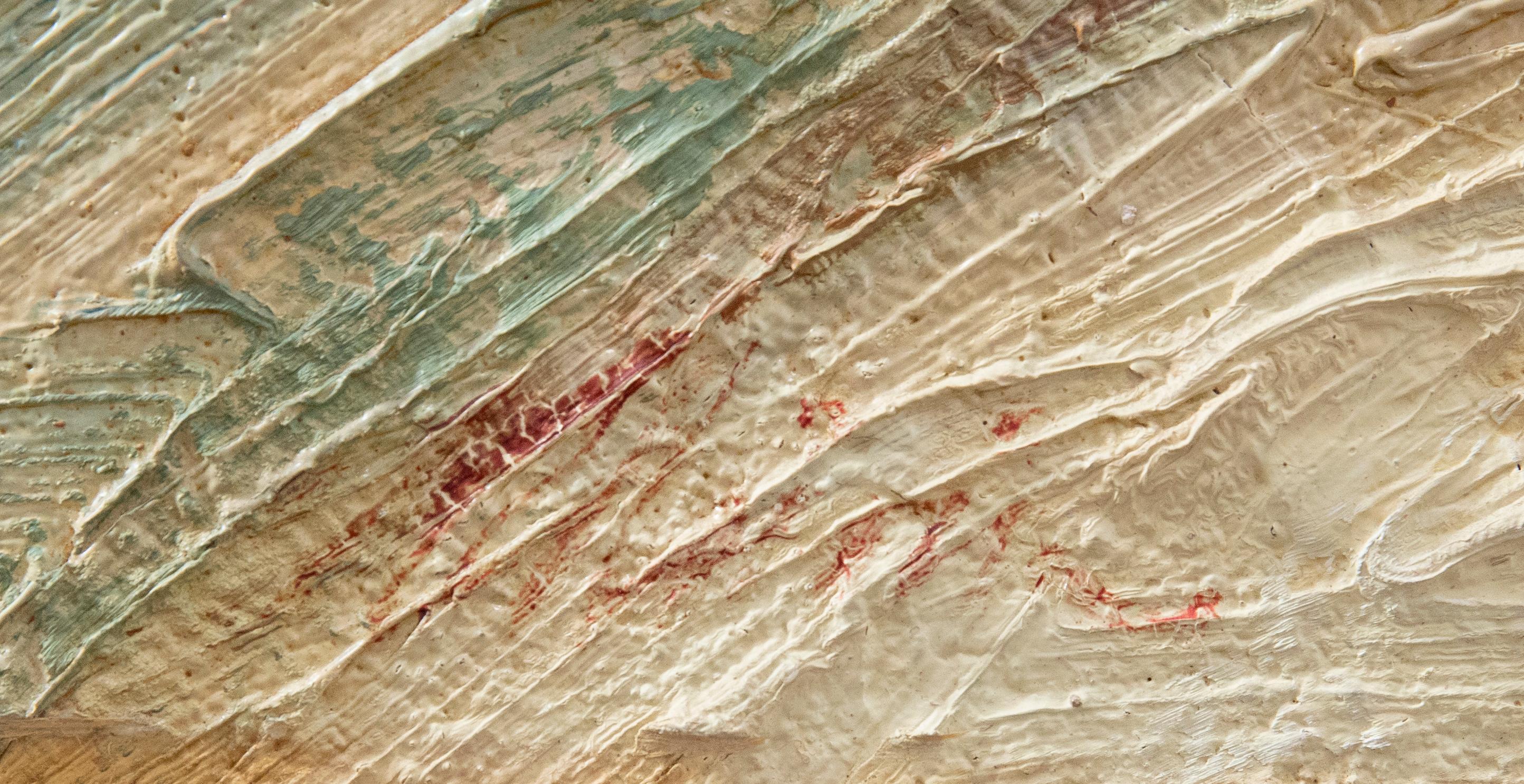 Dieses dynamische Werk, das reich an Textur und Farbe ist, wurde mit einer schweren Impasto-Technik gemalt, um den Wind einzufangen, der durch eine karge Landschaft zieht. Der Künstler schafft tiefe Rillen in der gesamten Komposition und wirbelt und
