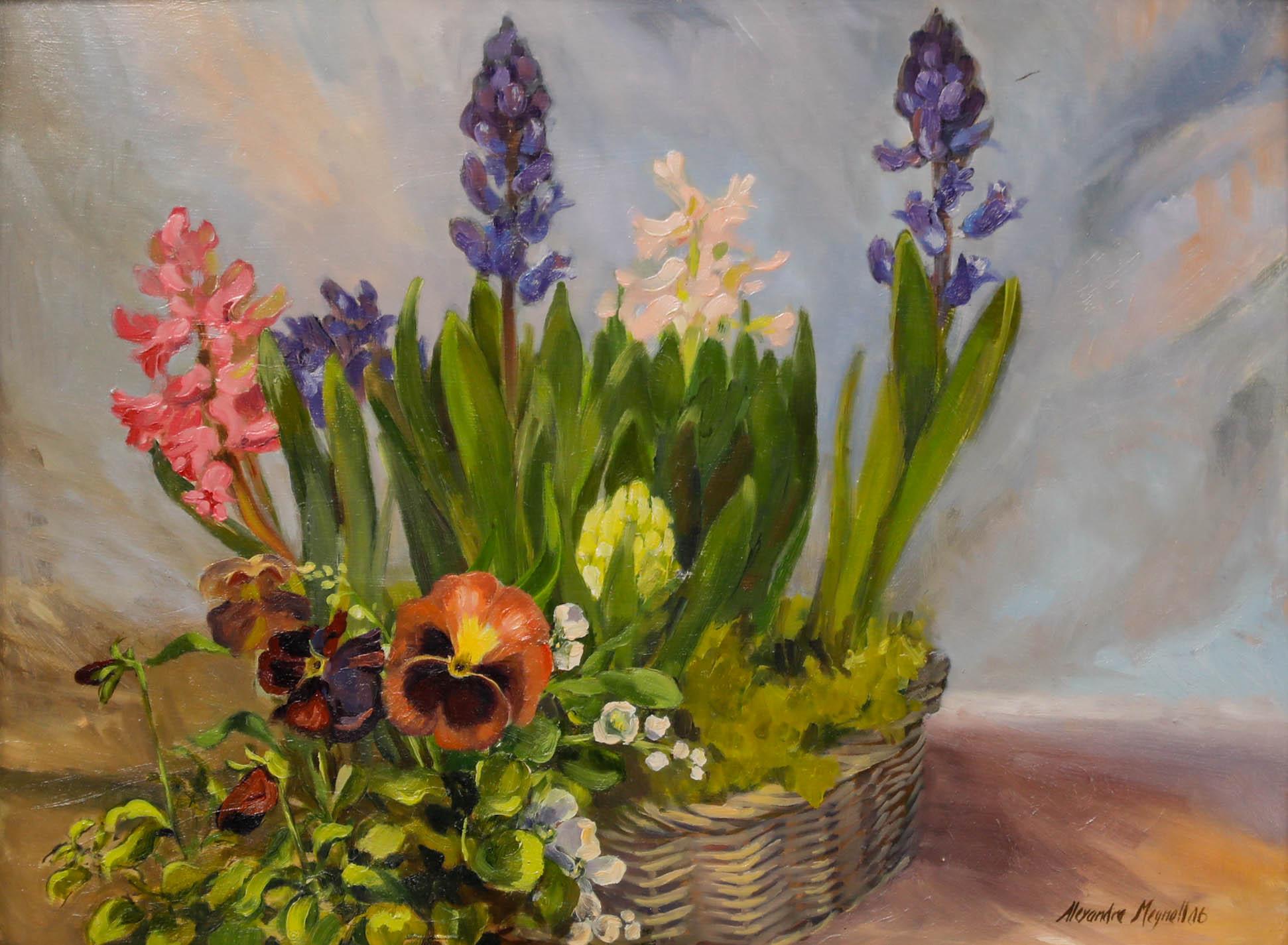 Alexandra Meynell - Framed Contemporary Oil, Winter Hyacinths & Pansies - Painting by Unknown
