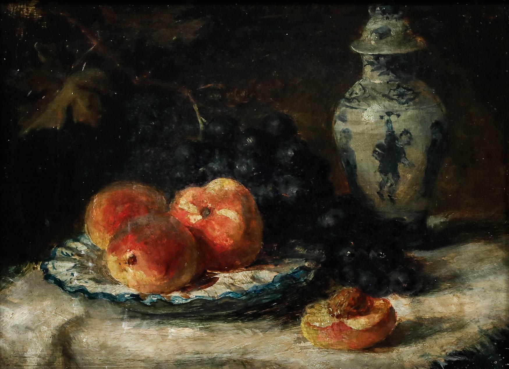 Alexandra von Berckholtz (1821-1899) - 1890 Oil, Still Life of Peaches & Grapes - Painting by Unknown