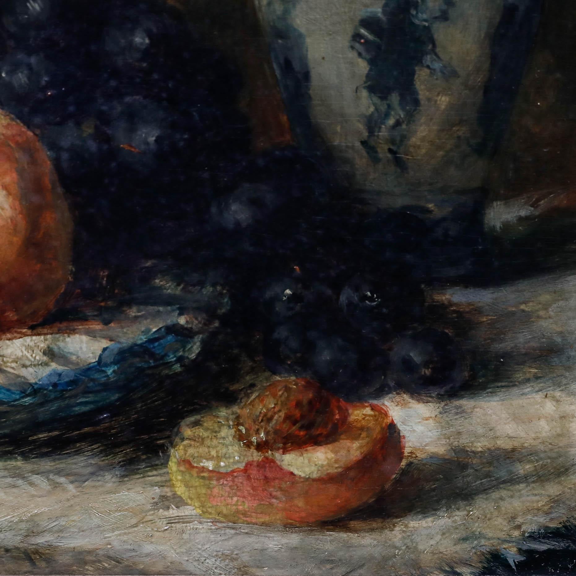 A sparse arrangement of delicate peaches and robust grapes hang casually over a fine china plate in this exquisitely rendered still life study. Although best known for her portraits, this is a fine example of von Berkholtz's later work; the artist