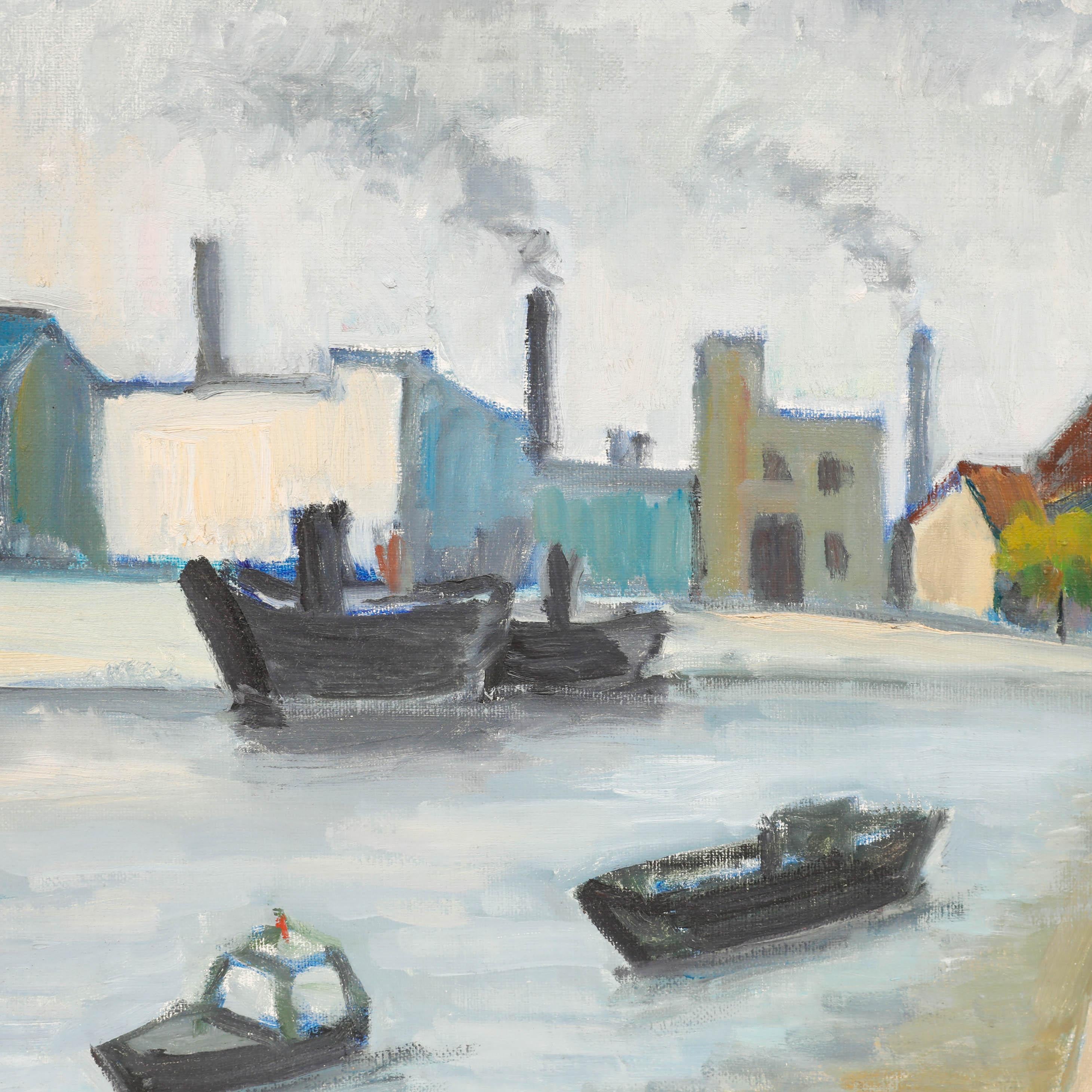 Alexandre Flaschner (1903-1995)  Ölgemälde des 20. Jahrhunderts, Les Docks De Londres, London (Grau), Landscape Painting, von Unknown