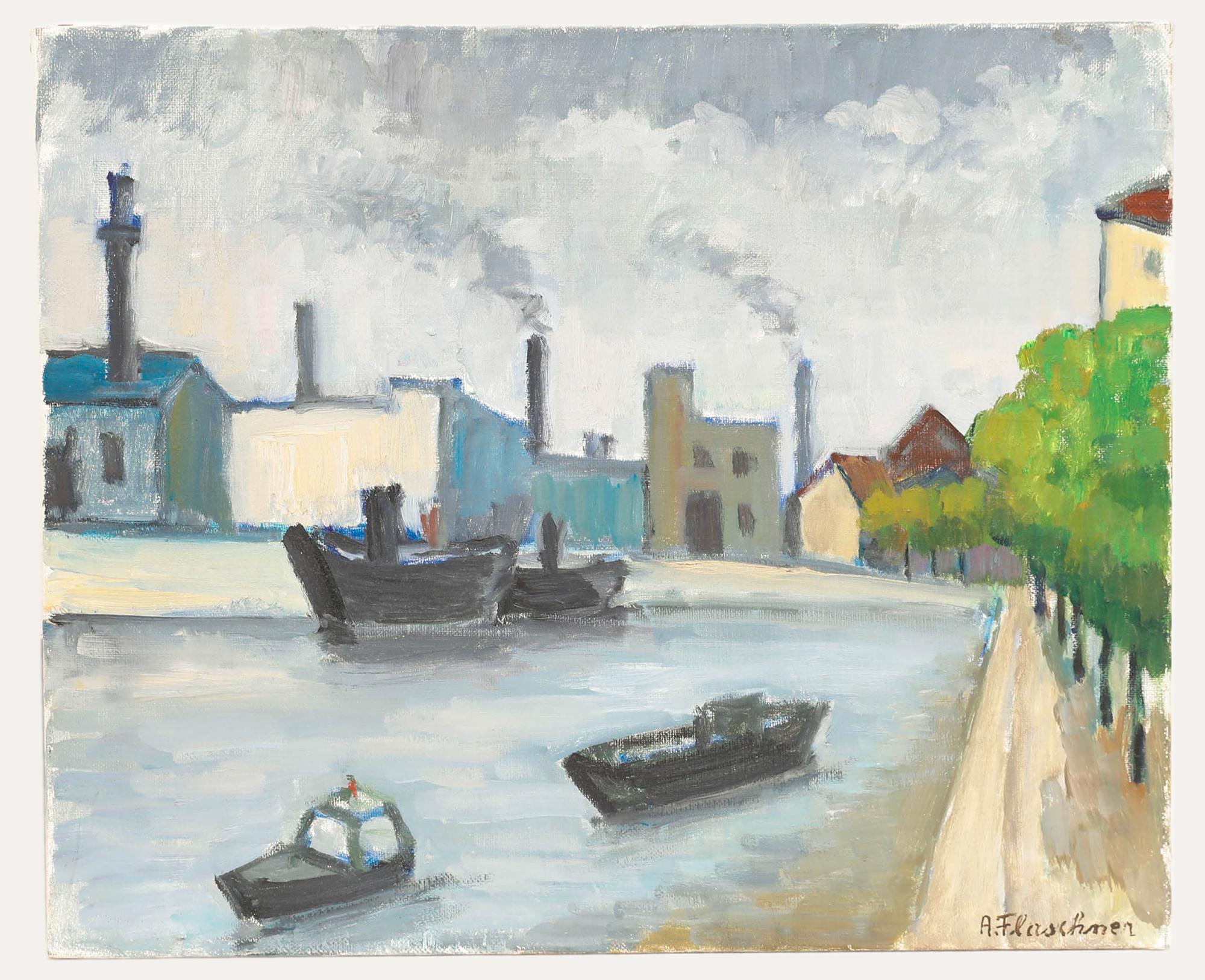Alexandre Flaschner (1903-1995)  Ölgemälde des 20. Jahrhunderts, Les Docks De Londres, London