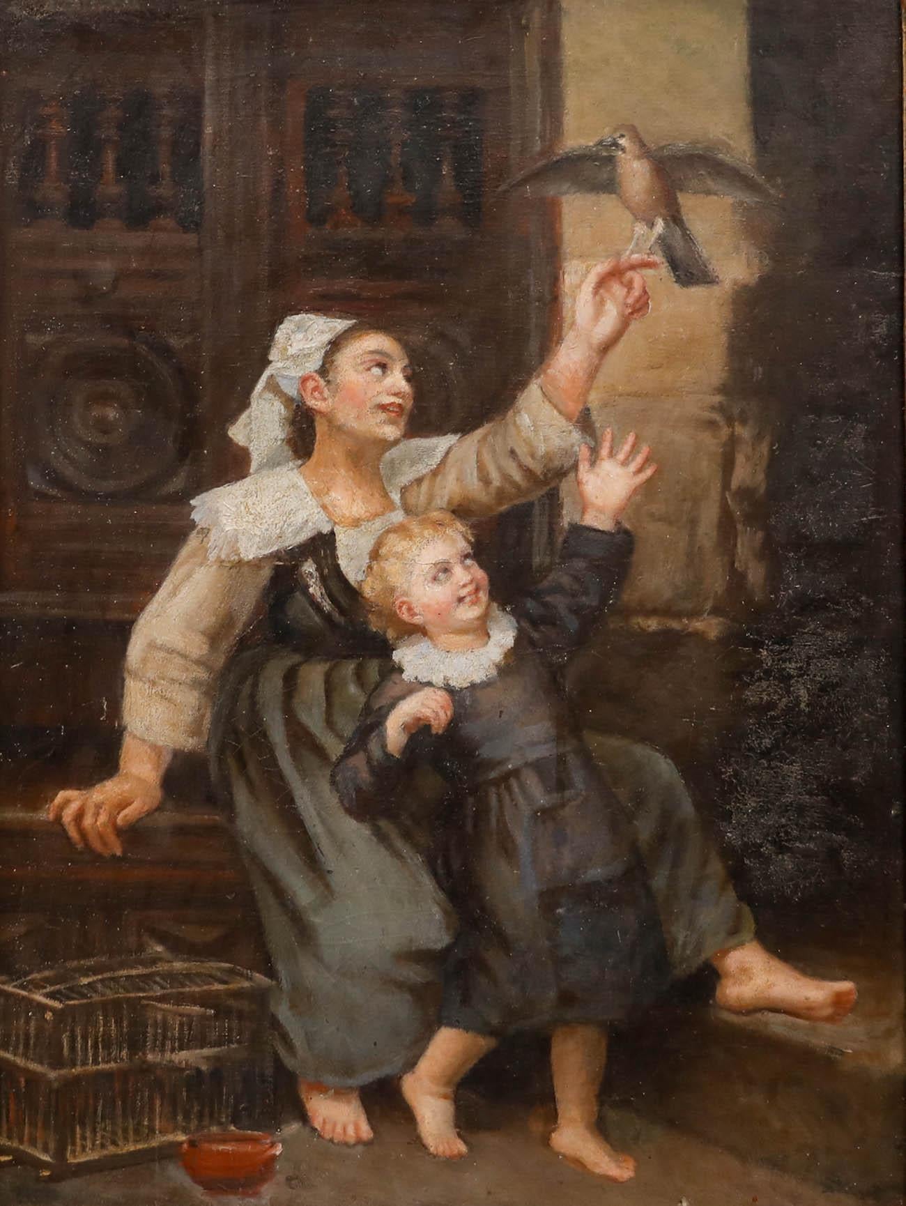 Alexandre Le Bihan (1837-1924) - Late 19th Century Oil, Releasing the Bird - Painting by Unknown