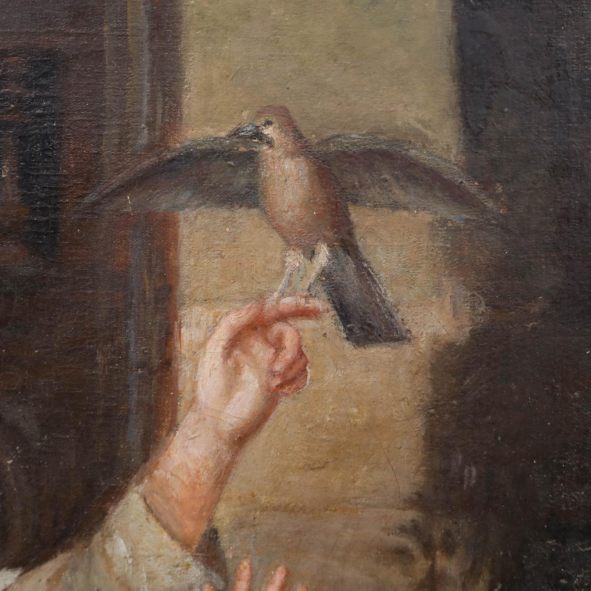 This charming and playful scene by Alexandre Le Bihan (1837-1924) depicts a woman and child playing with a bird, which perches on the woman's finger. Signed to the upper left. Well presented in an ornate gilt-effect frame. On canvas on stretchers.