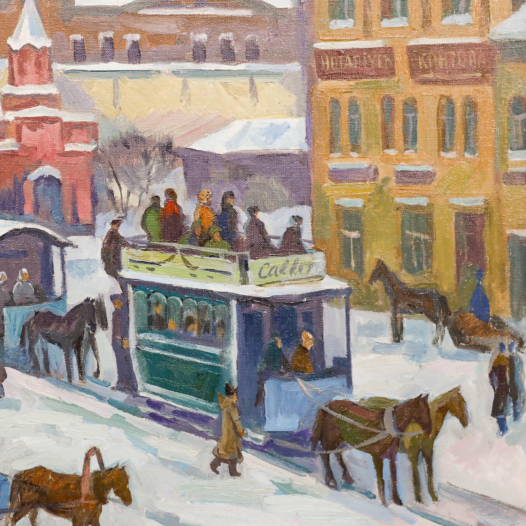 Eine kühne und lebendige Winterszene, die die belebten Straßen von Moskaus Chinatown am Rande des Roten Platzes zeigt. Man kann Figuren sehen, die durch das Viertel schlittern, während sich links die Türme der Heiligen Dreifaltigkeit erheben. Das Öl