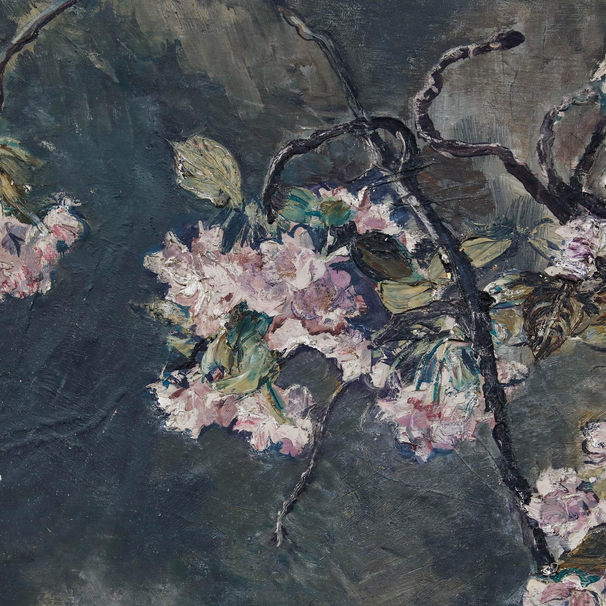 This exquisite artwork depicts a delicate pink magnolia rendered against a muted grey-blue background. The artist has employed energetic brushwork and an impasto technique to render the fullness of each flower head and the plant's knobbly knots