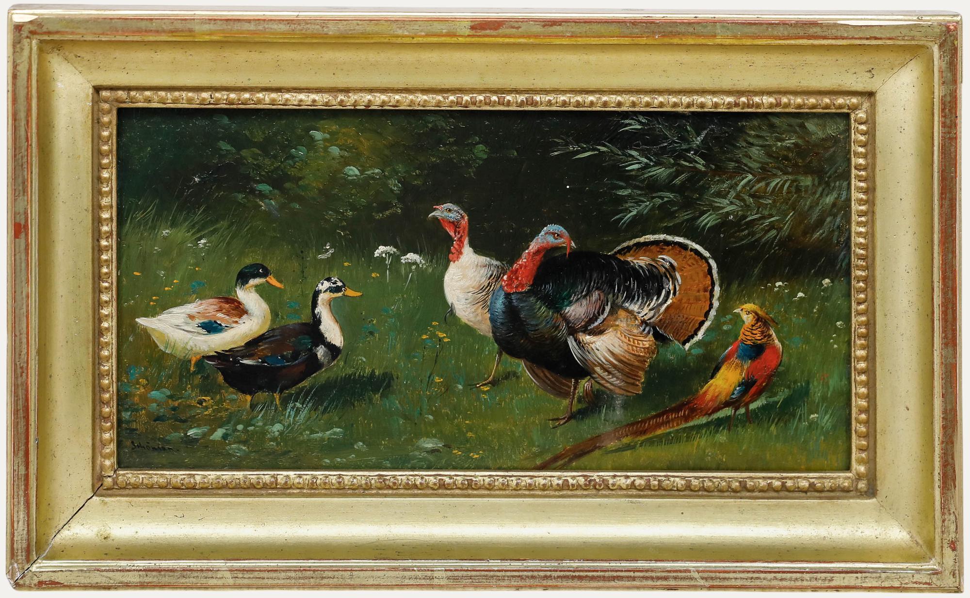 Unknown Animal Painting – Alfred Schönian (1856-1936) - Öl, Goldfasan inmitten von Enten und Truthähnen