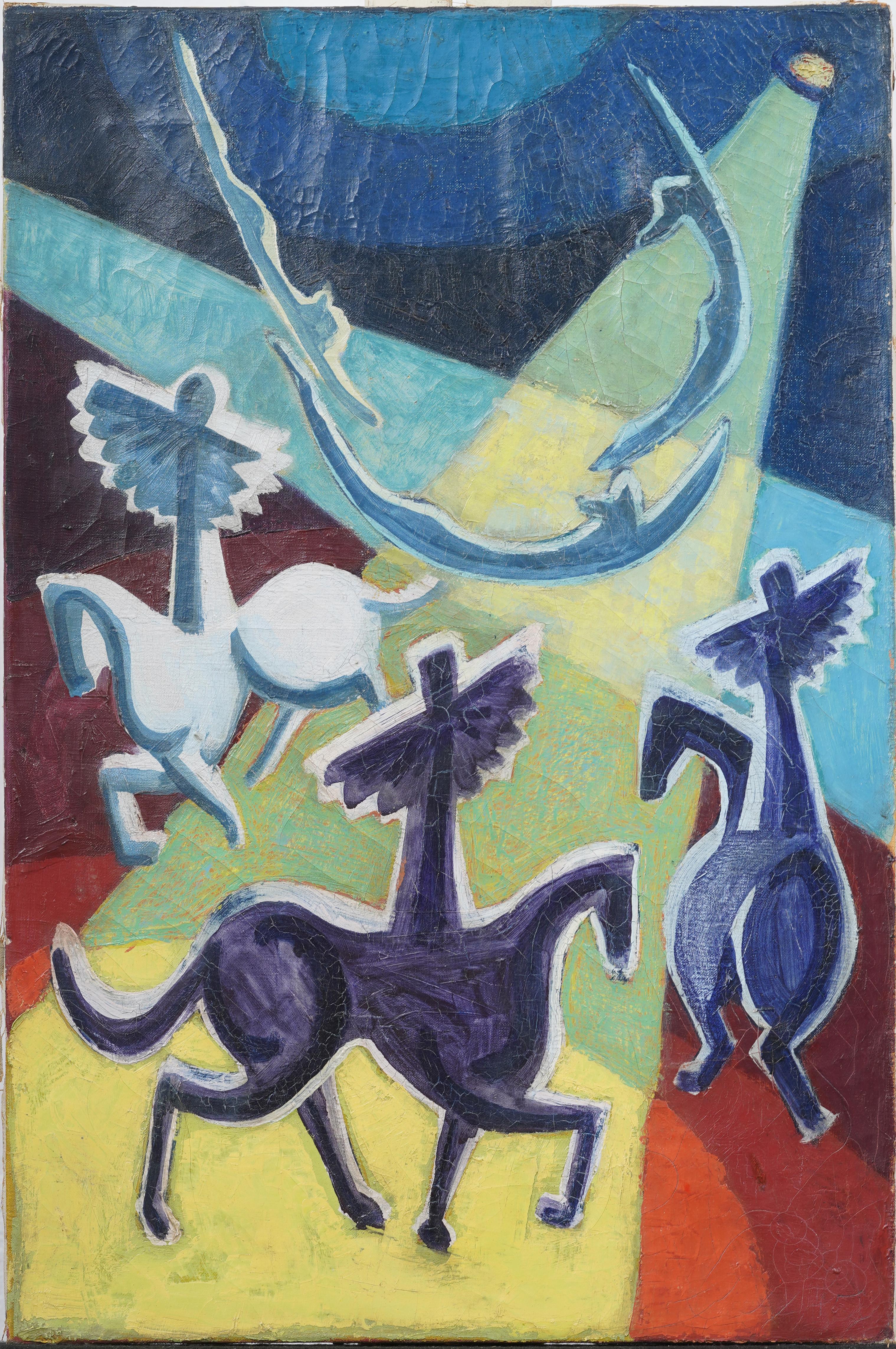 Unknown Interior Painting – Alfred Statler Signiert Vintage American Modernist Zirkus Trapez Ölgemälde