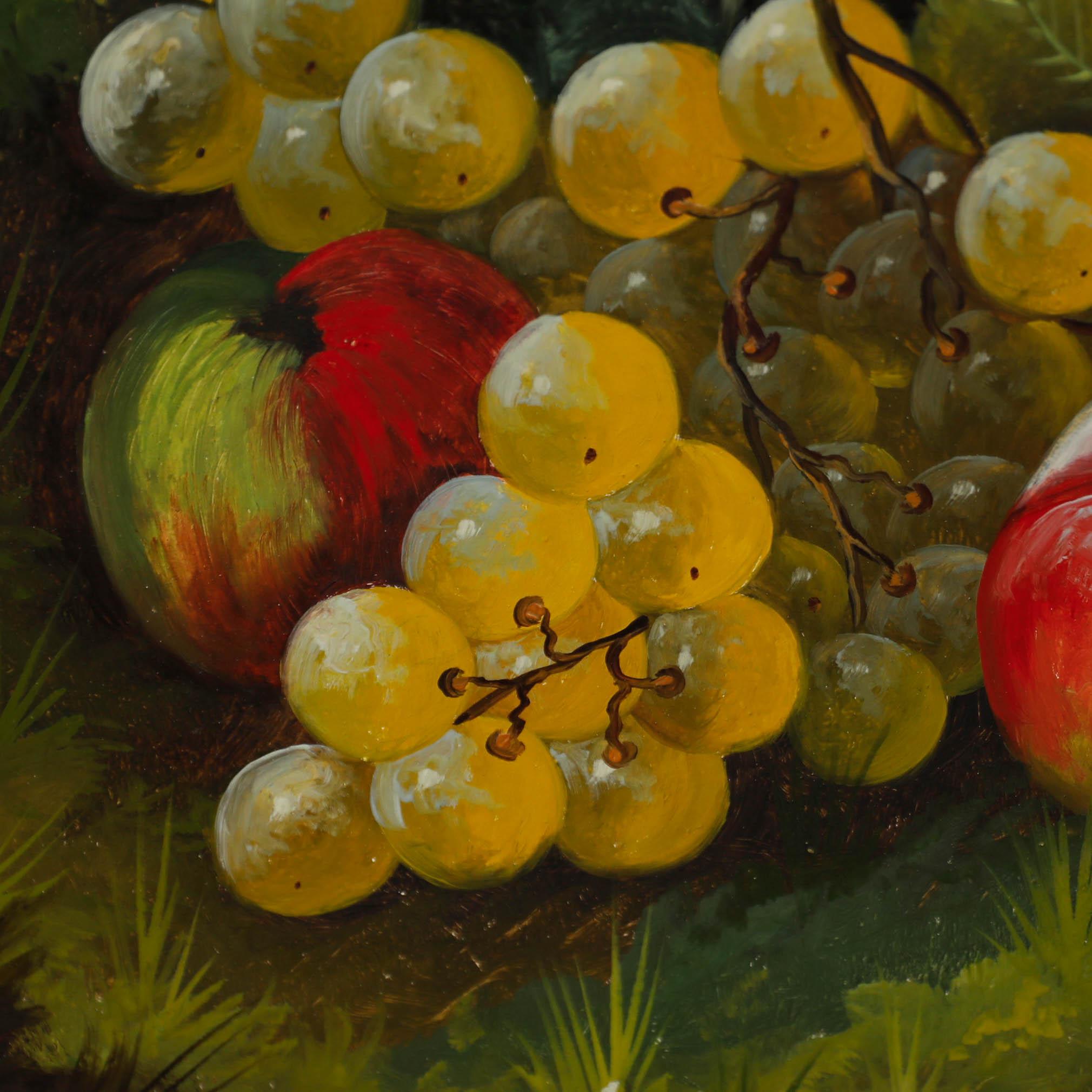 A vibrant still life scene depicting apples and grapes laying on a grassy bed. Painted in the style of 19th-century artist George Crisp (1875-1916) and presented in a period gilt frame with foliate motifs and fine running patterns. Signed 'Alf Tate'