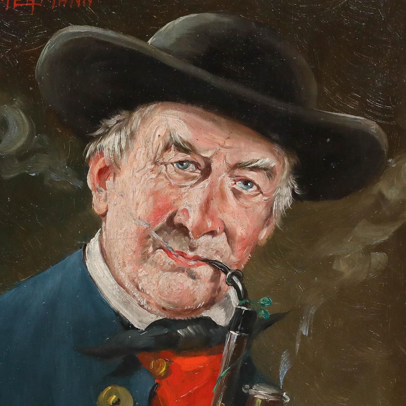 Charakteristisches Porträt eines pfeiferauchenden Bauern des deutschen Künstlers Alfred Zimmermann. Signiert oben links. Auf der Rückseite bezeichnet 