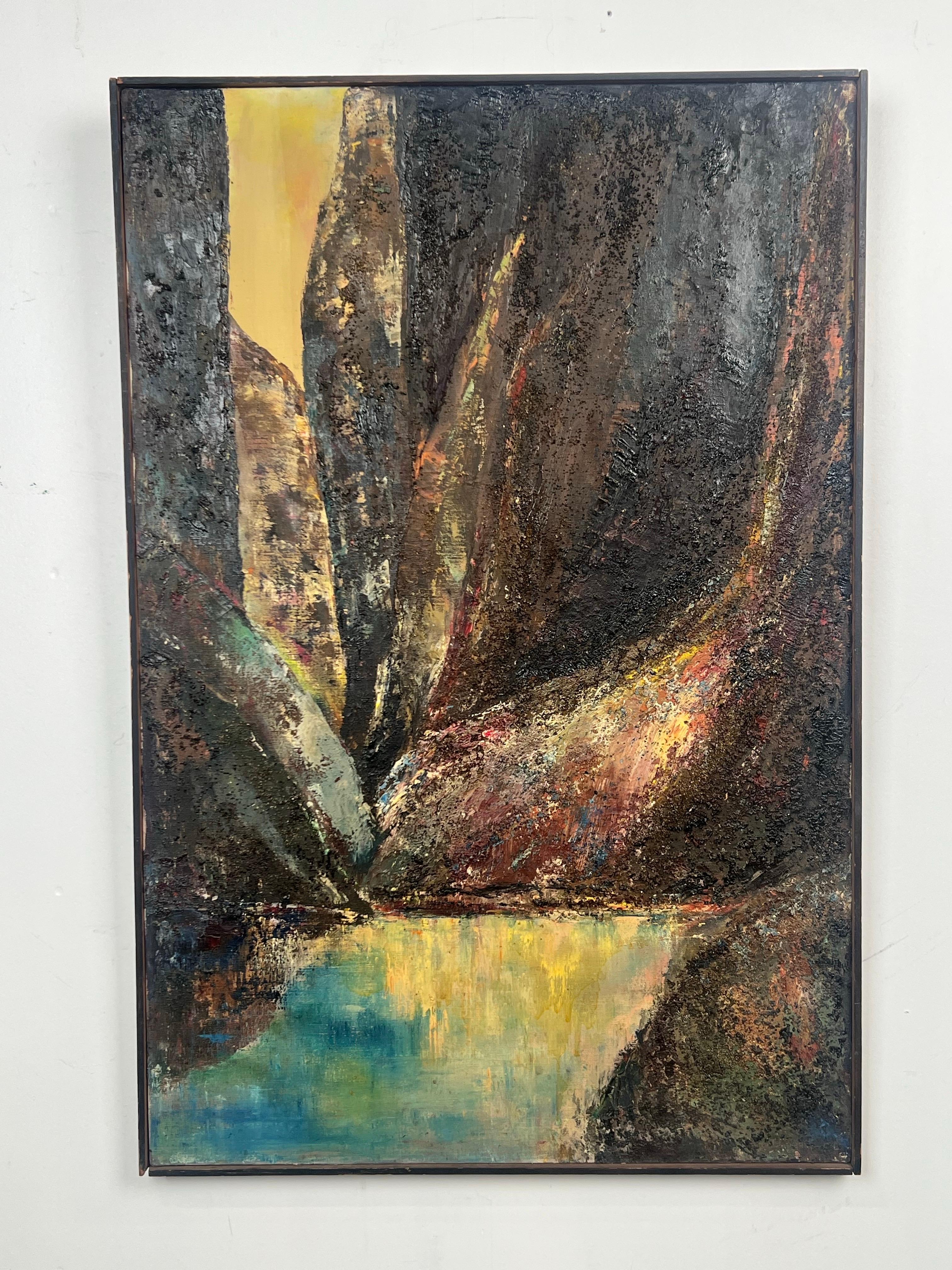 Unknown Abstract Painting - Alice Marcus " Landscape with Foil " Oil on Canvas Painting Framed, 1960's
