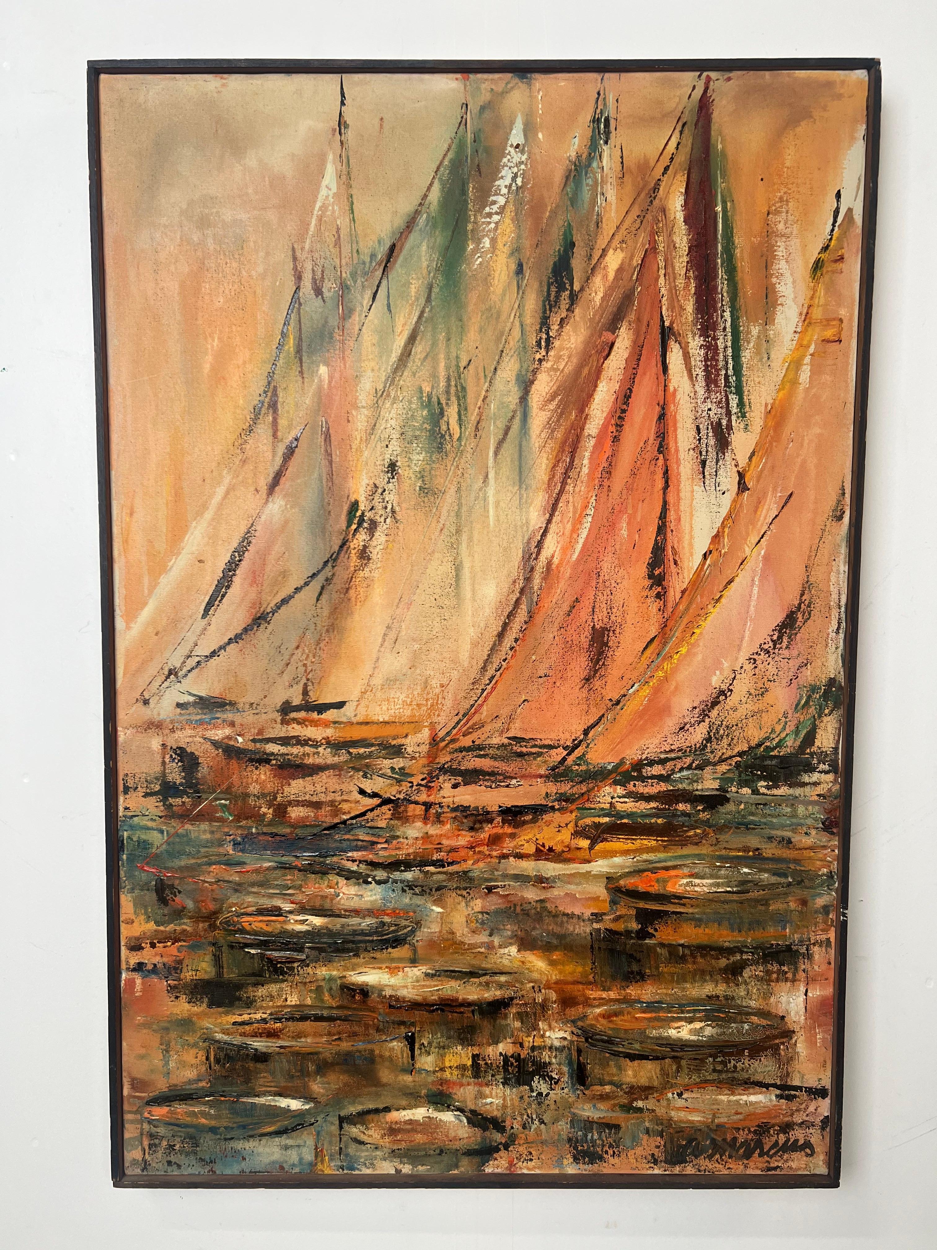 Unknown Abstract Painting - Alice Marcus " Seascape with Sailboats" Oil on Canvas Painting, Framed
