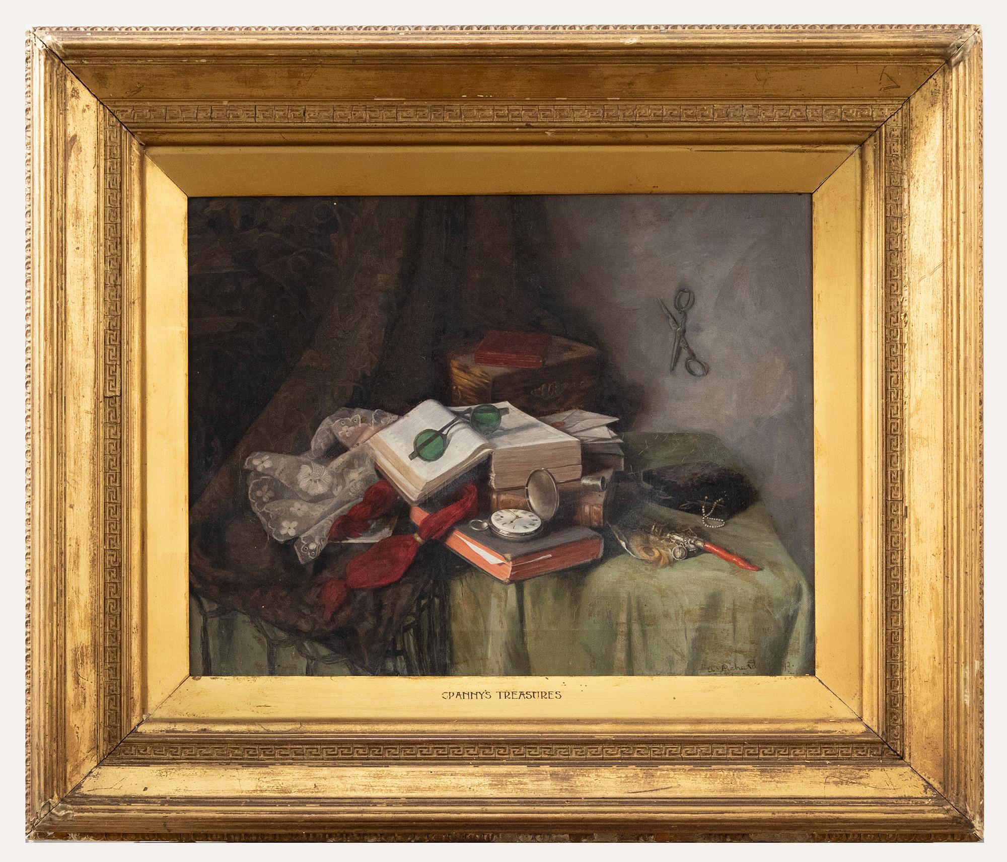 Unknown Still-Life Painting – Alice S. Richards - Gerahmtes Ölgemälde des späten 19. Jahrhunderts, Granny's Treasures