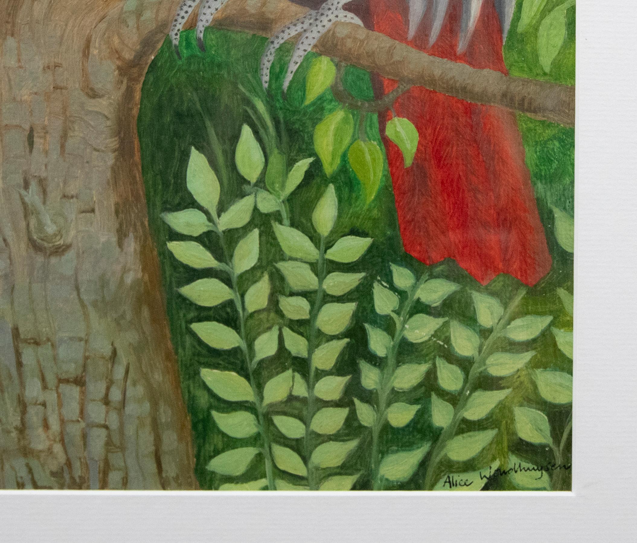 A wonderfully vibrant oil study of a African Grey parrot perched in a pear tree, just out of reach from a praying tabby cat. The composition has been executed in a naive artistic style with oodles of illustrative charm. Well-presented in a beautiful