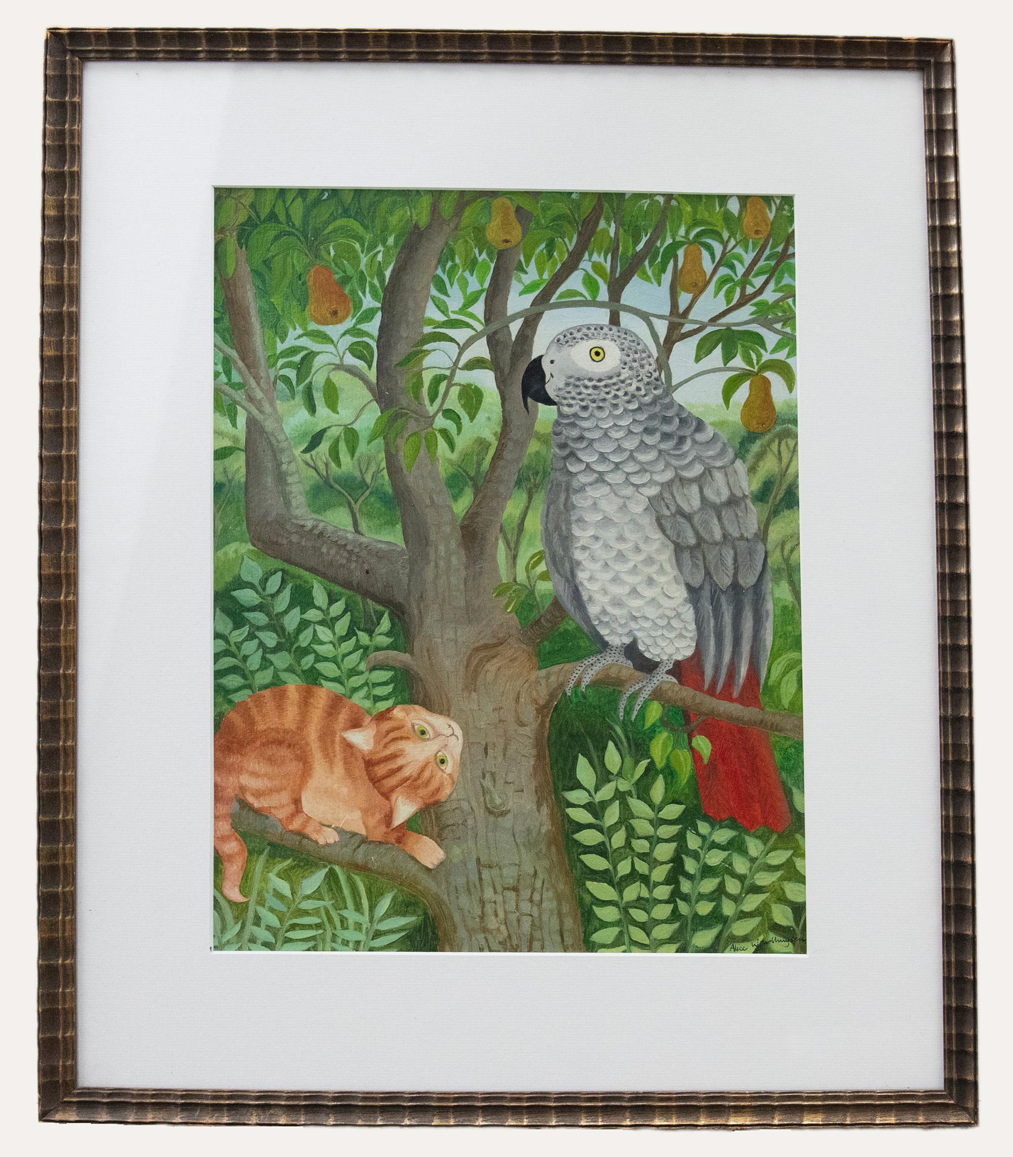 Unknown Animal Painting - Alice Woudhuysen - Framed Contemporary Oil, Parrot in a Pear Tree