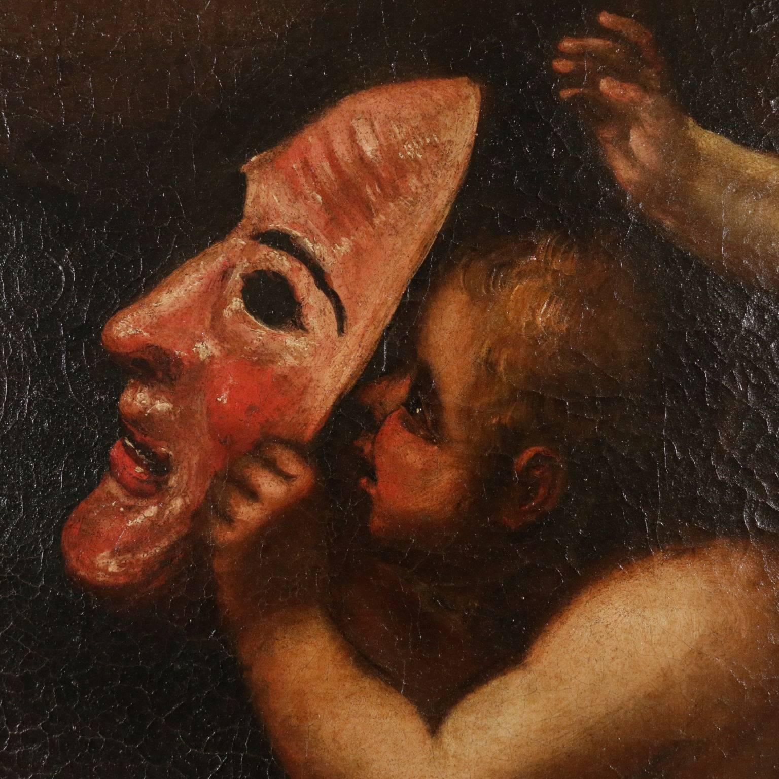 Oil on canvas. In the depicting scene, three cherubs are play-acting: one of them is wearing a smiling mask and is trying to scare his mate, while the last one is dressed up like a pilgrim. 18th century. 