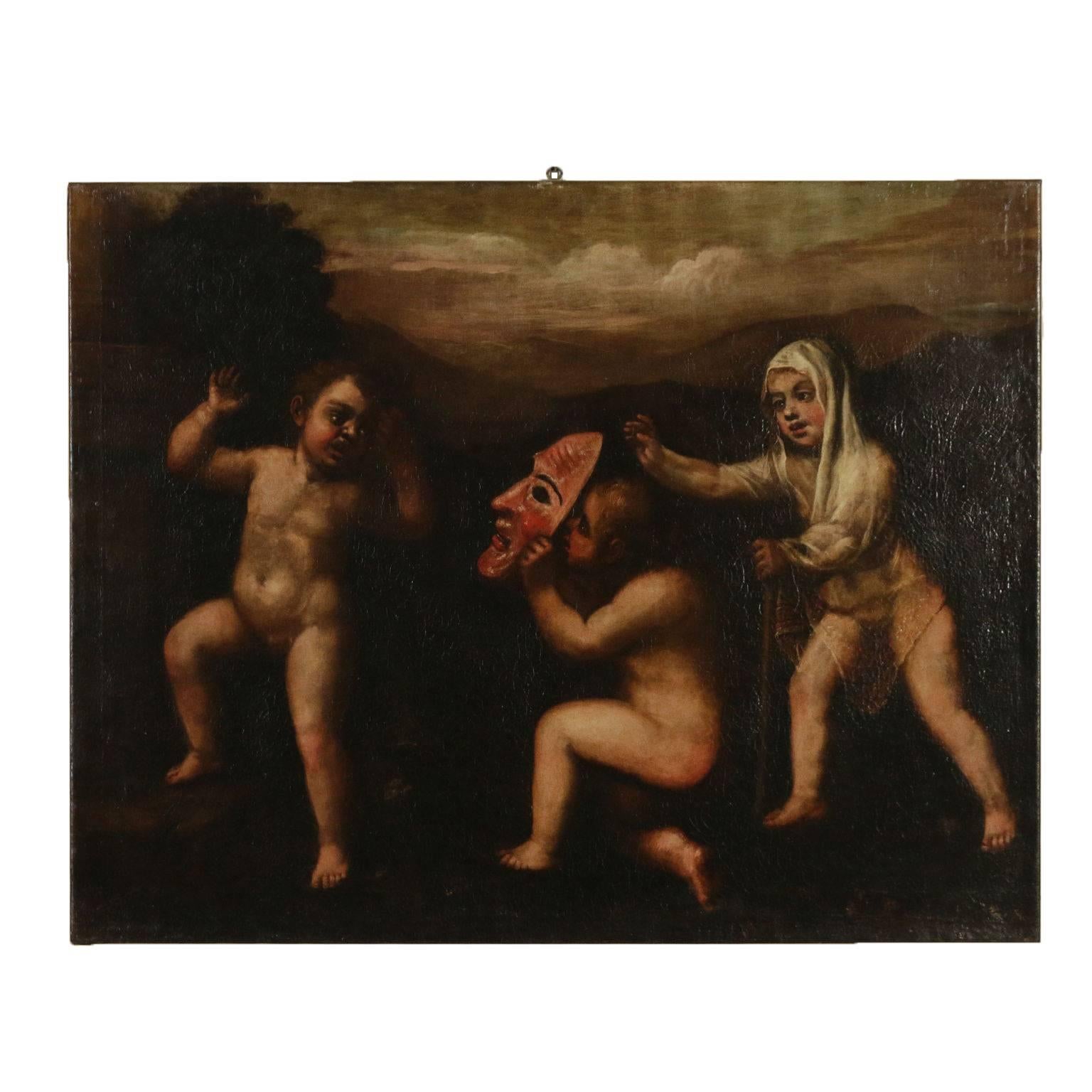 Unknown Figurative Painting - Allegoric Painting Cherubs' Game Oil on Canvas 18th Century