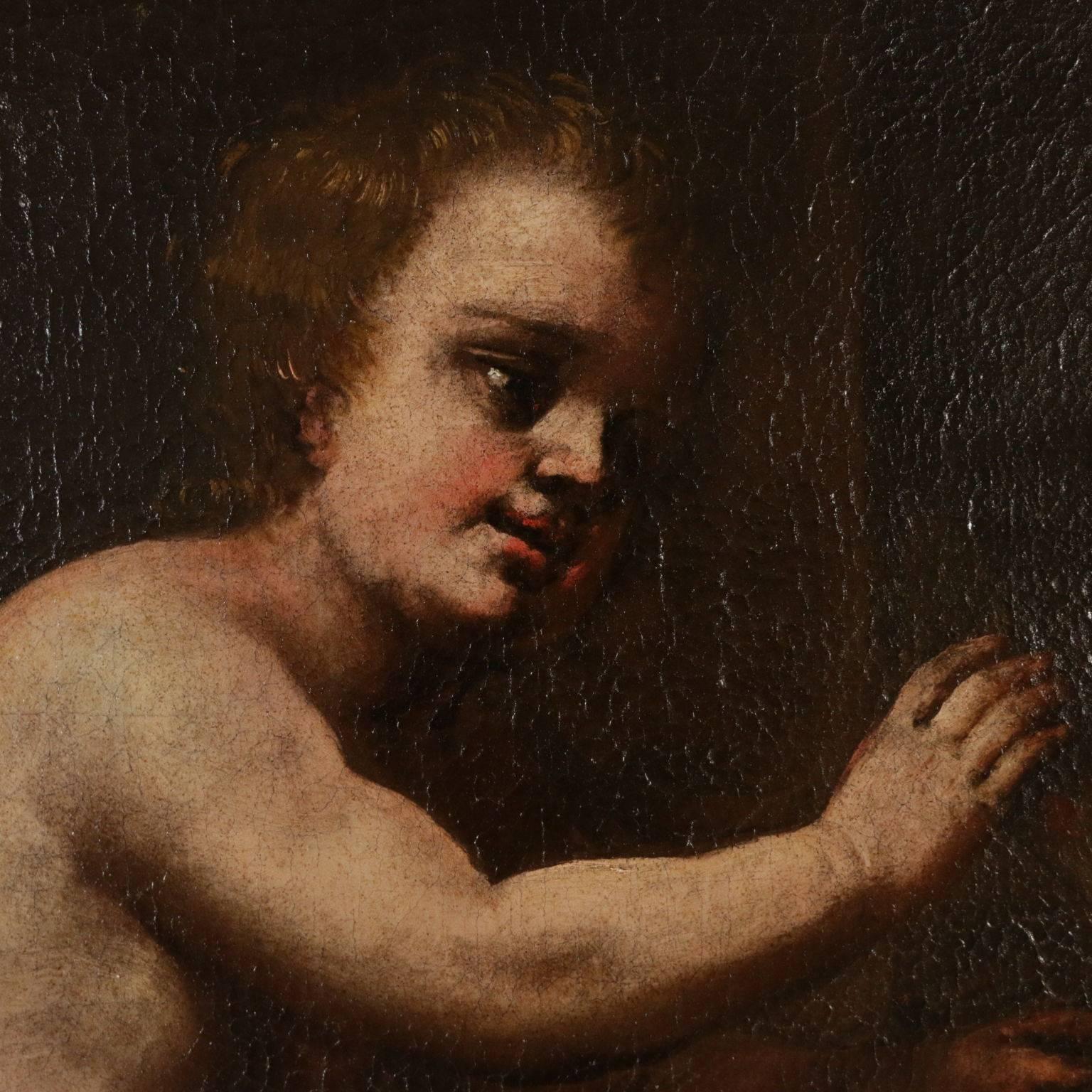 Allegoric Painting Cherubs Playing with Cards Oil on Canvas 18th Century For Sale 1