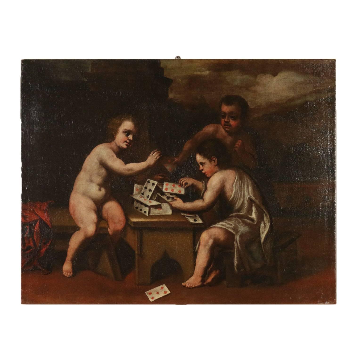Unknown Figurative Painting - Allegoric Painting Cherubs Playing with Cards Oil on Canvas 18th Century