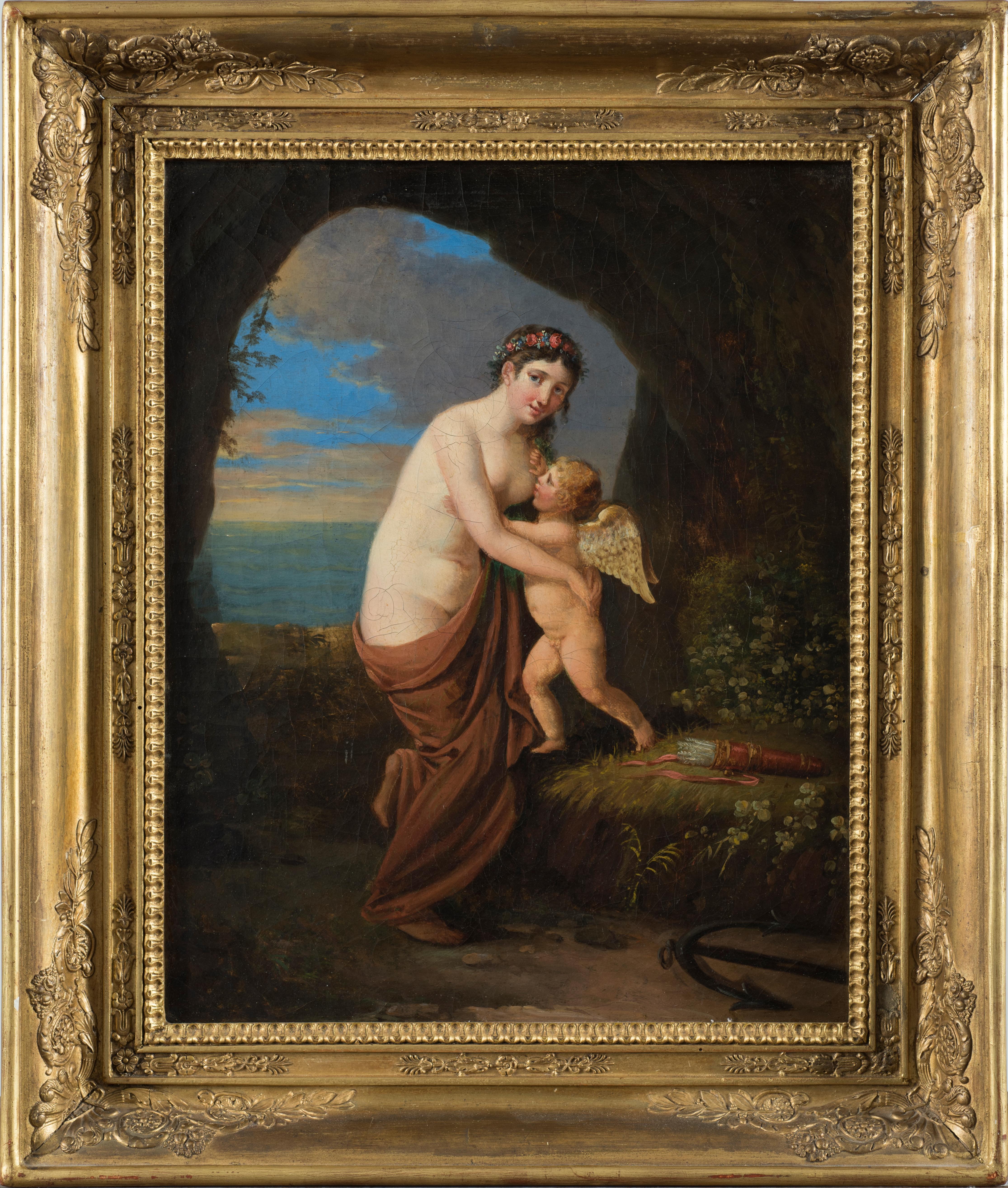 Scène allégorique, Aphrodite et Eros - Huile sur toile, fin du 18ème / début du 19ème siècle  - Painting de Unknown