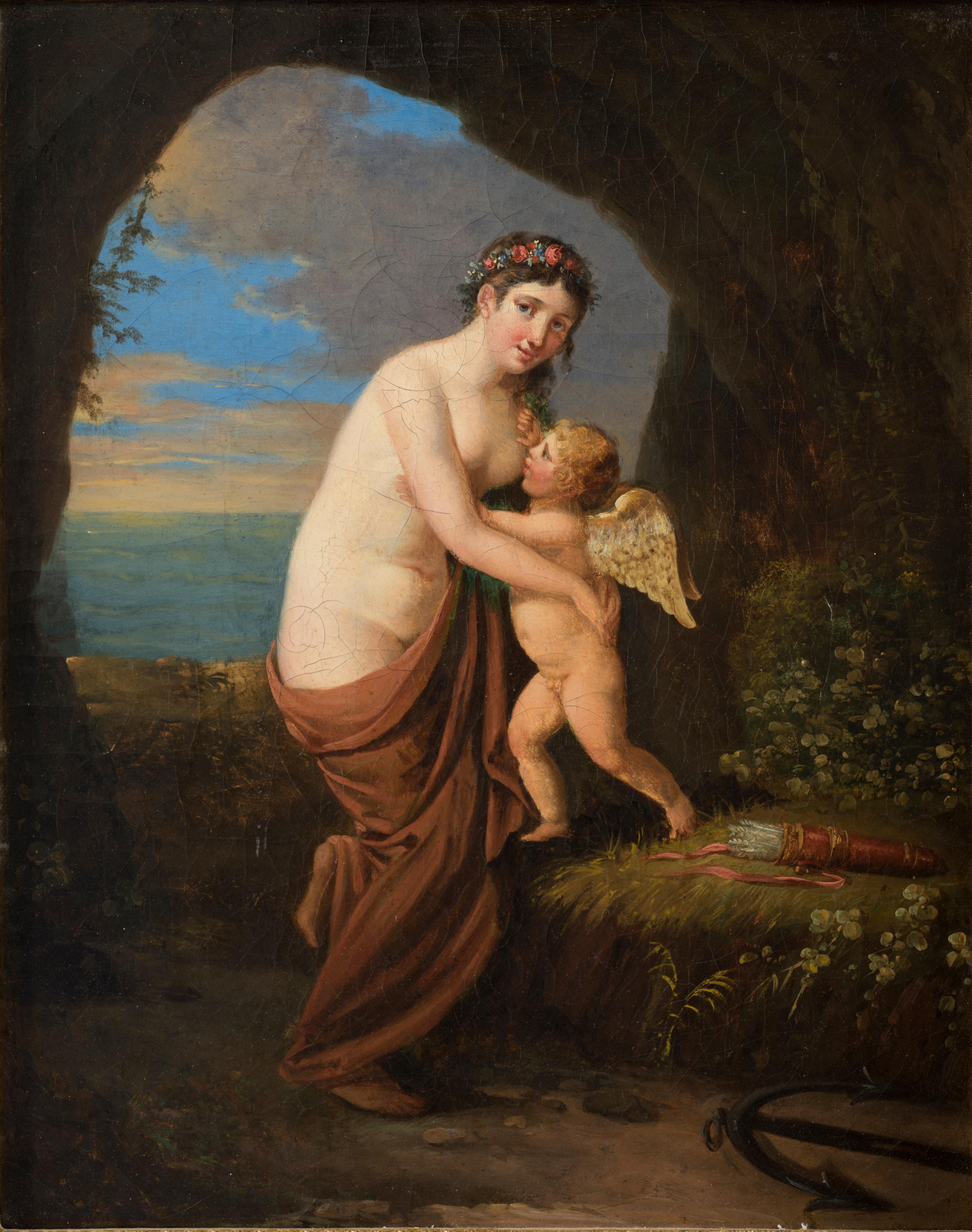Figurative Painting Unknown - Scène allégorique, Aphrodite et Eros - Huile sur toile, fin du 18ème / début du 19ème siècle 
