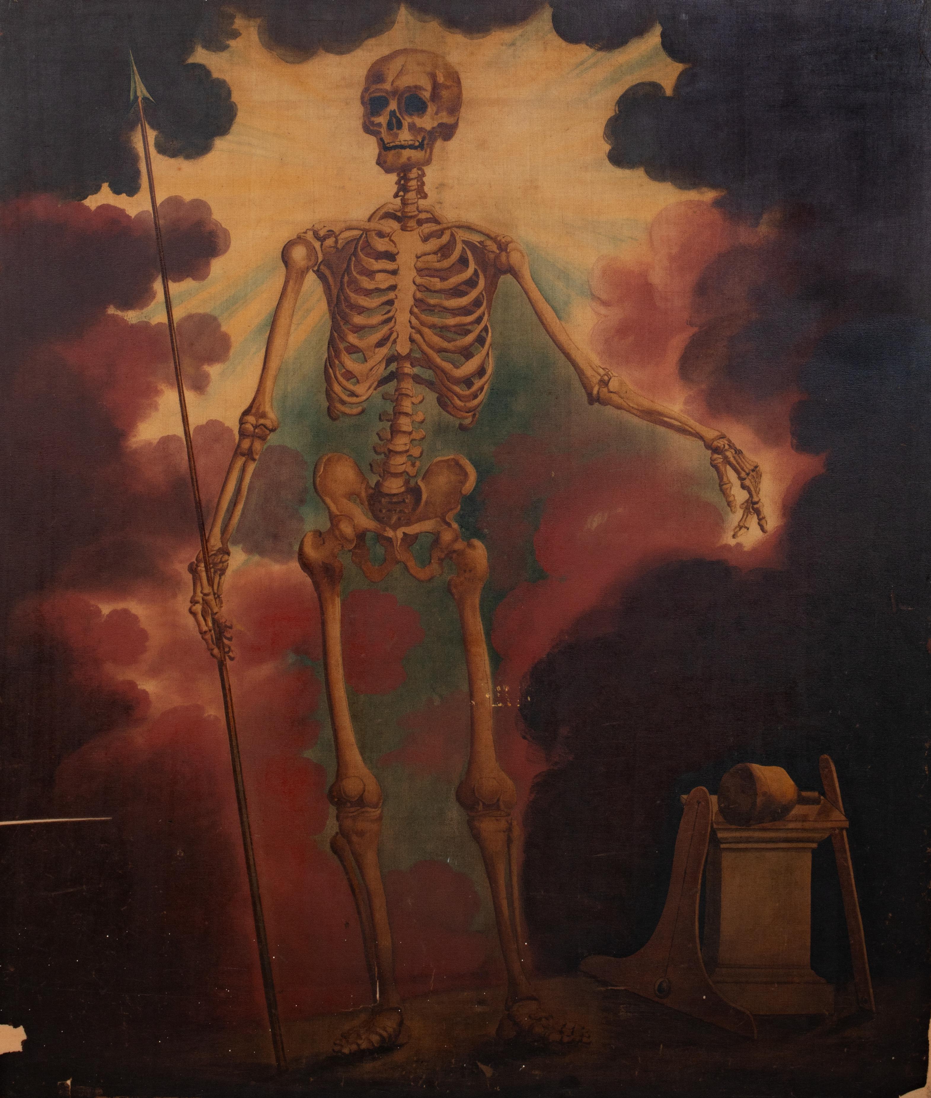 Allegory Of Death, 19th Century 

European School 

Large 19th Century European School portrait a skeleton warrior depicted as an allegory of Death, oil on canvas. Rare memento mori full length depiction of death holding a spear and pointing down to