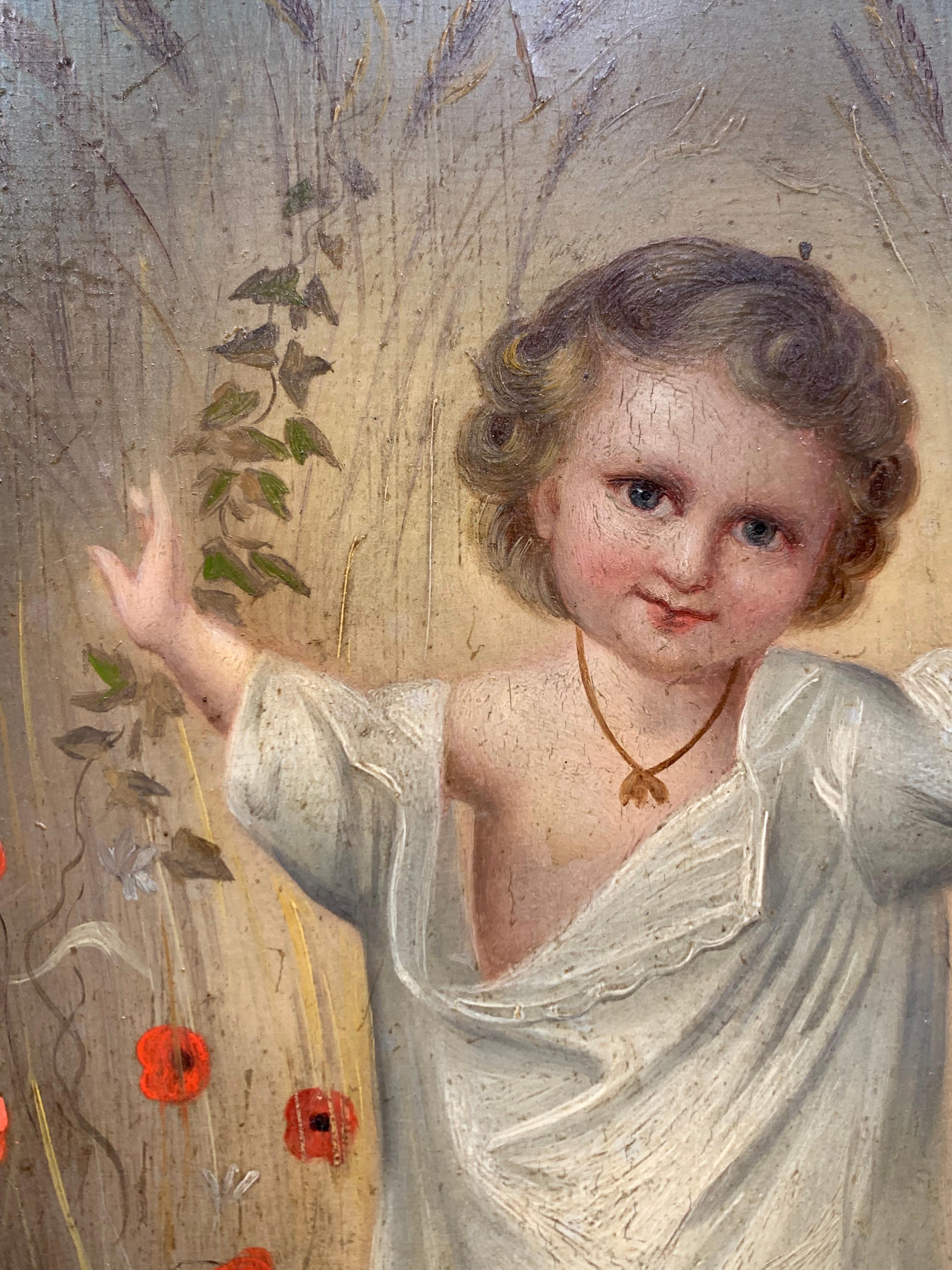 Allegory of The Wheat Harvest (Allégorie de la moisson du blé) portrait d'enfant de l'art populaire du XIXe siècle  - Marron Figurative Painting par Unknown