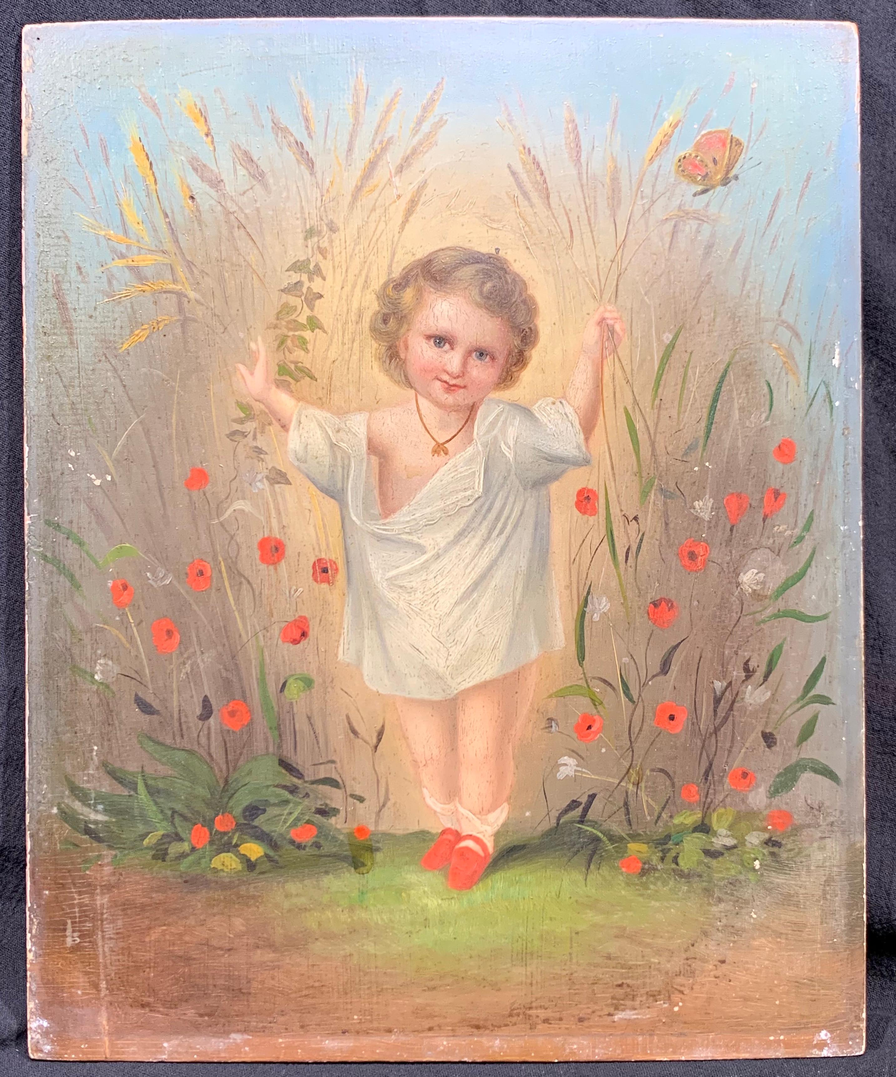 Allegory of a Wheat Harvest (Portrait of young child), ca. 1850,  by unknown American artist. Oil on panel measures 9 x 11 inches. Unframed. Original condition with no cleaning or conservation. Very minor areas of paint loss. Unsigned. 




