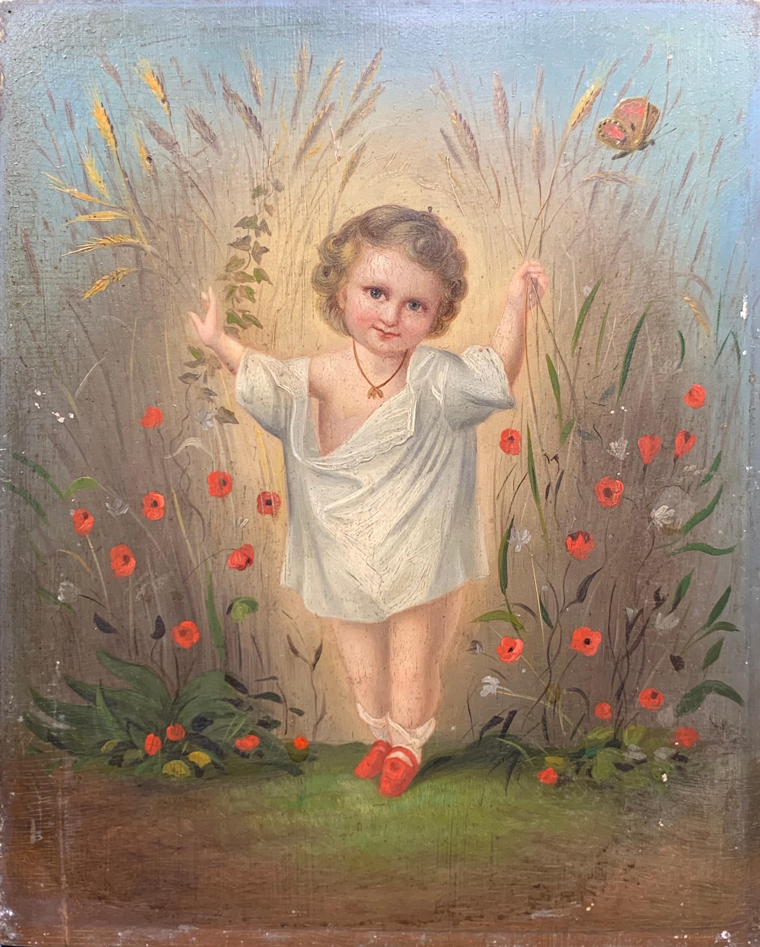 Figurative Painting Unknown - Allegory of The Wheat Harvest (Allégorie de la moisson du blé) portrait d'enfant de l'art populaire du XIXe siècle 