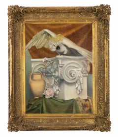 Antique Allegory with Parrot, Capital, Amphora and Drapes - Painting - Late 19th Century