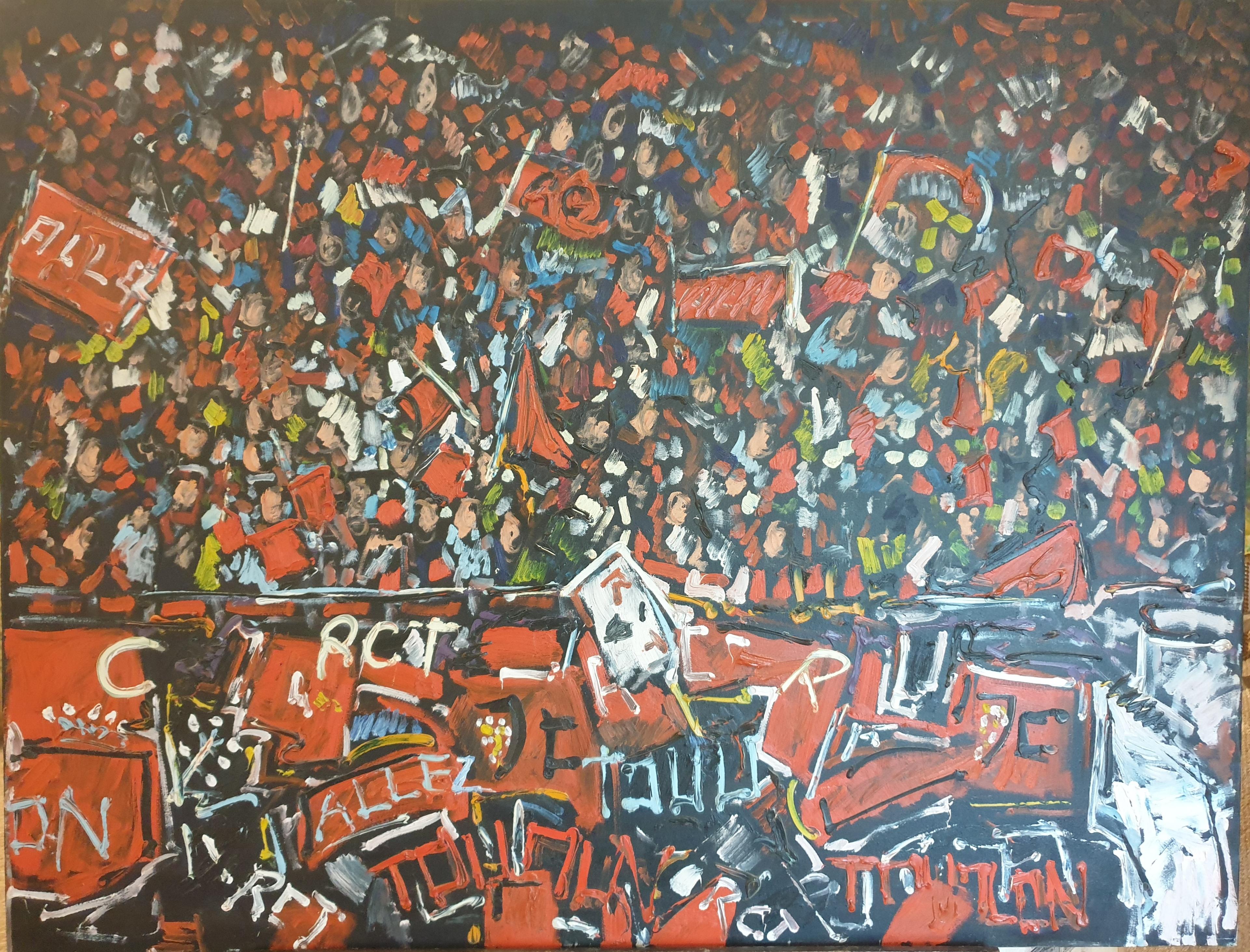 Unknown Abstract Painting - 'Allez!' At the Match. Toulon Rugby Club. Large Expressionist Oil on Canvas.
