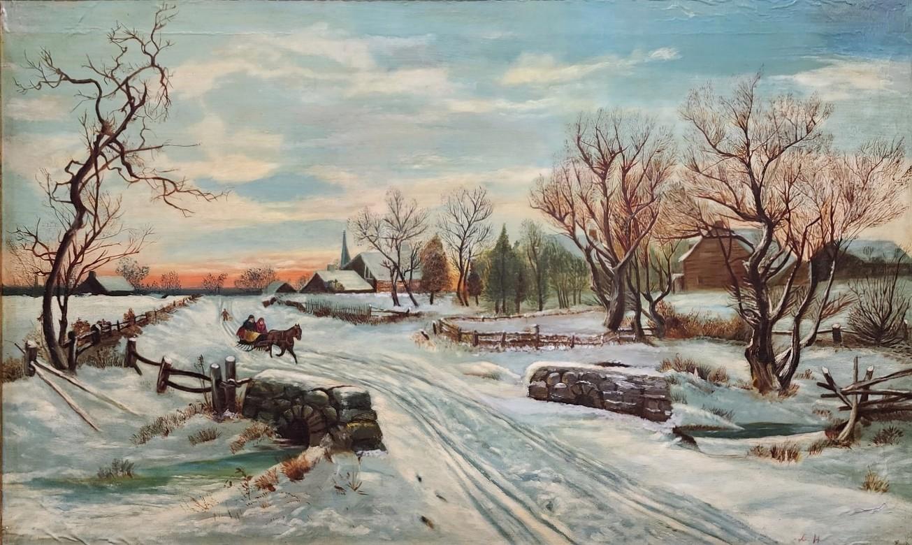 Along a Winter Path, American Folk Art Snow Scene, Horse Drawn Cart, Sun Rise - Painting by Unknown