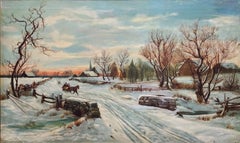 Along a Winter Path, American Folk Art Snow Scene, Horse Drawn Cart, Sun Rise