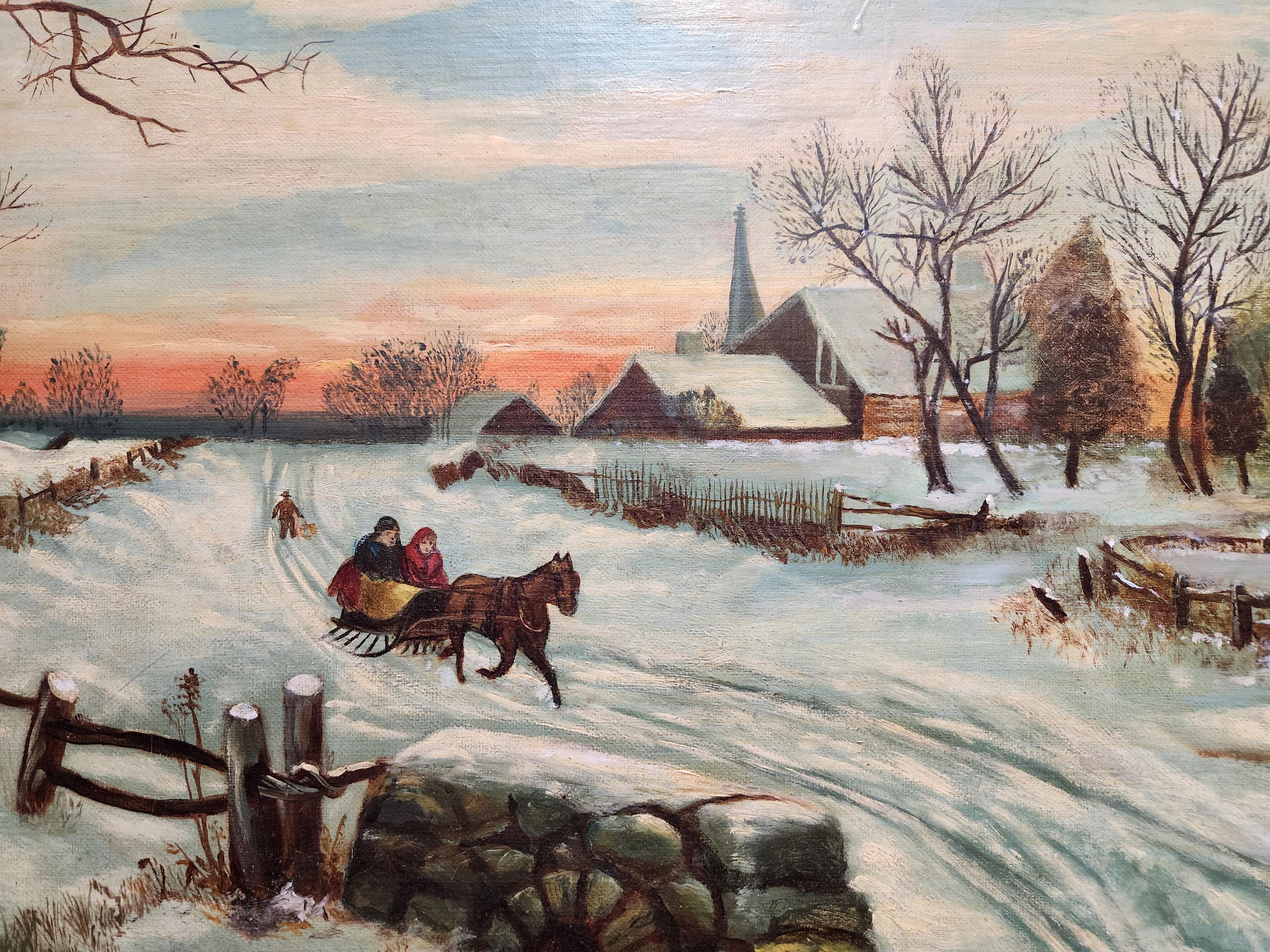 Along a Winter Path, American Folk Art Snow Scene, Horse Drawn Cart, Sun Rise - Brown Landscape Painting by Unknown