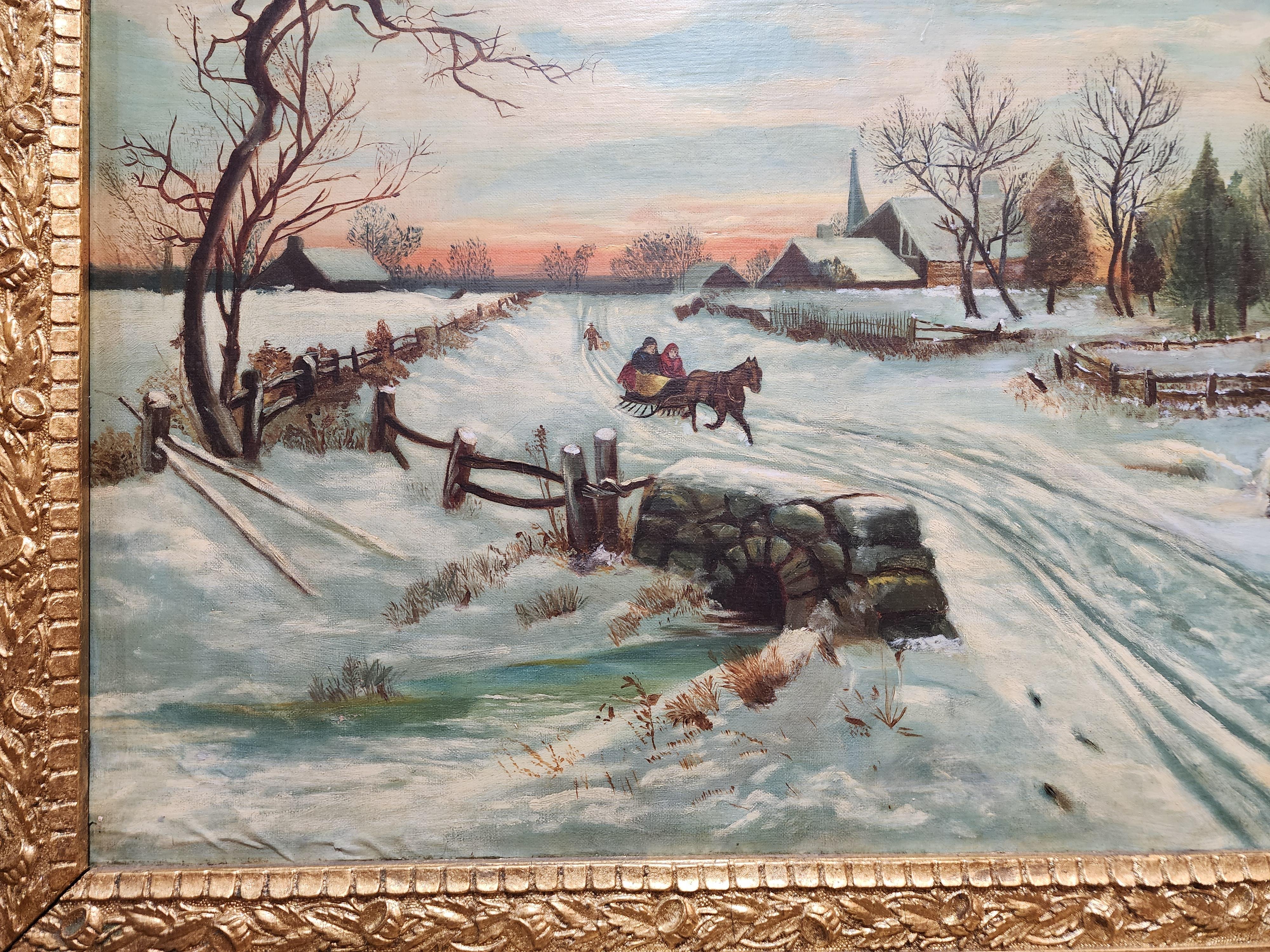 Along a Winter Path, American Folk Art Snow Scene, Horse Drawn Cart, Sun Rise For Sale 2