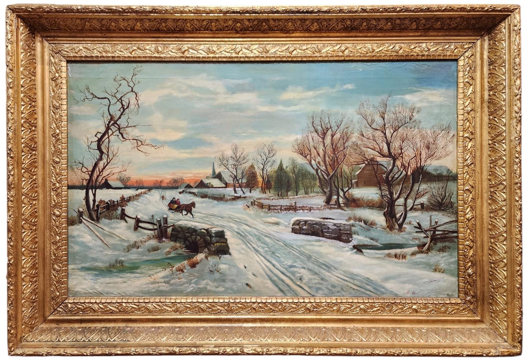 Unknown Landscape Painting - Along a Winter Path, American Folk Art Snow Scene, Horse Drawn Cart, Sun Rise