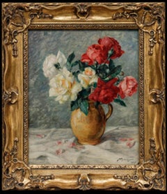 Aloyse Freyburger (1897-1990) - Huile encadrée de 1927, Nature morte aux roses